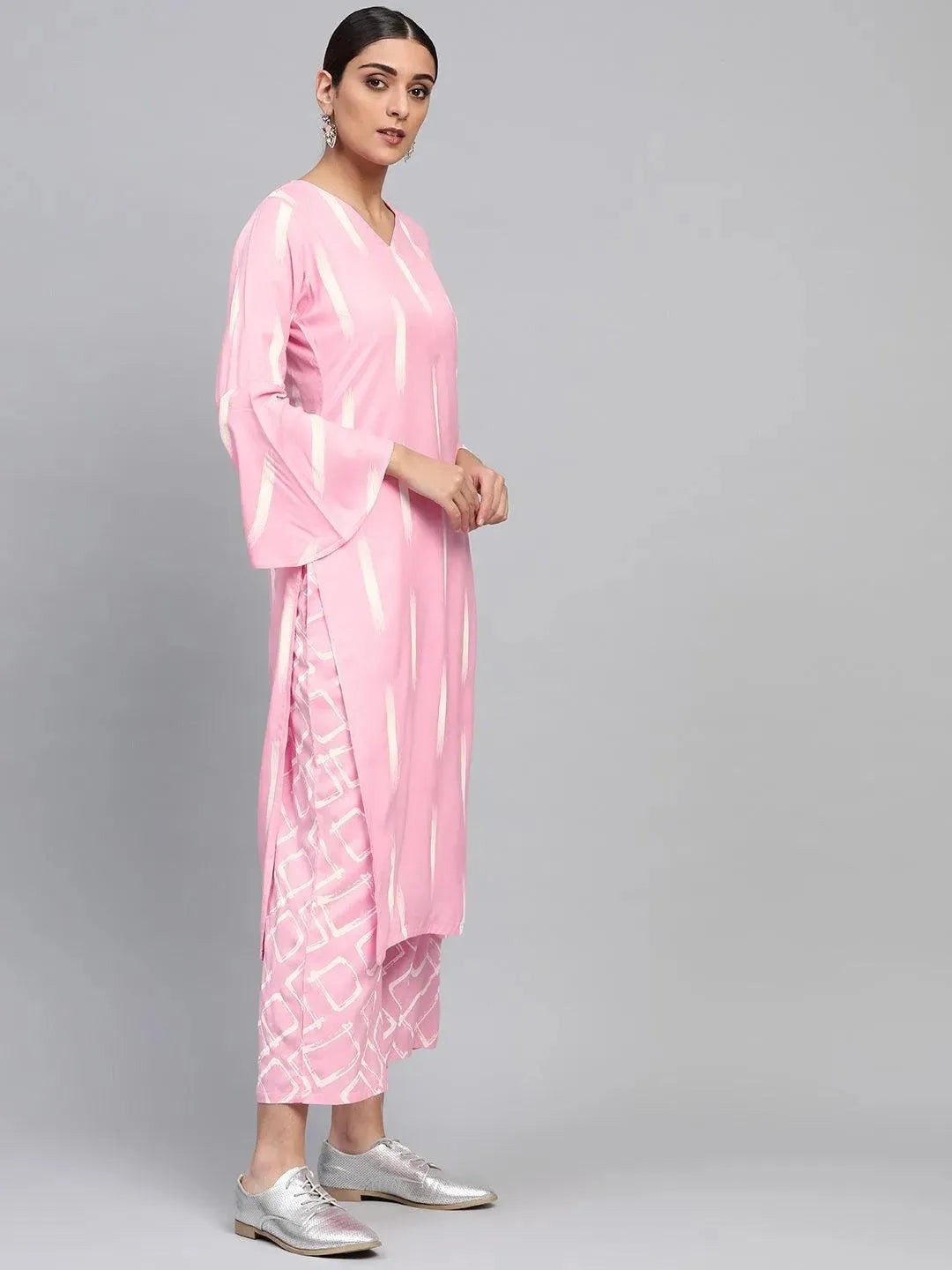 Anouk Pink Printed Rayon Straight Kurta With Palazzos
