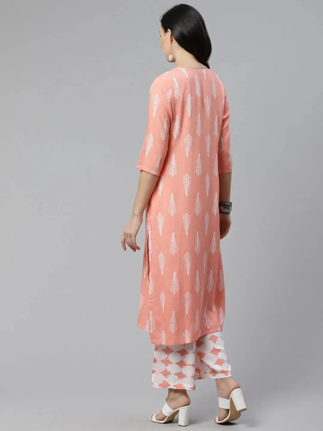 Anouk Pink Printed Rayon Straight Kurta With Palazzos