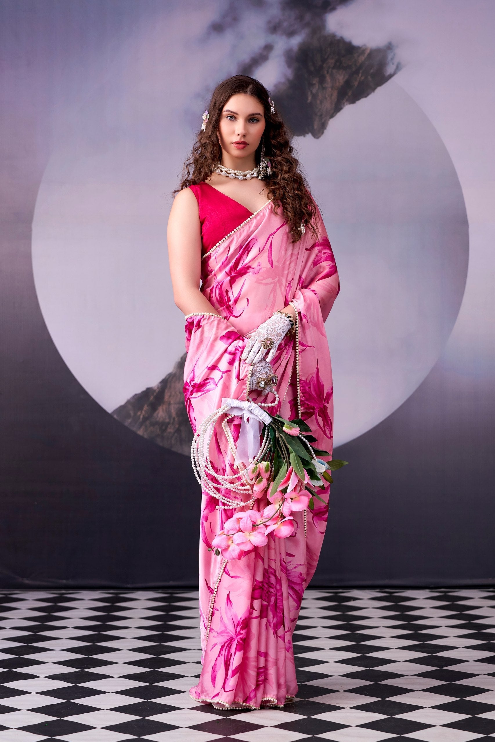 Pink Printed Saree with Pearl Border