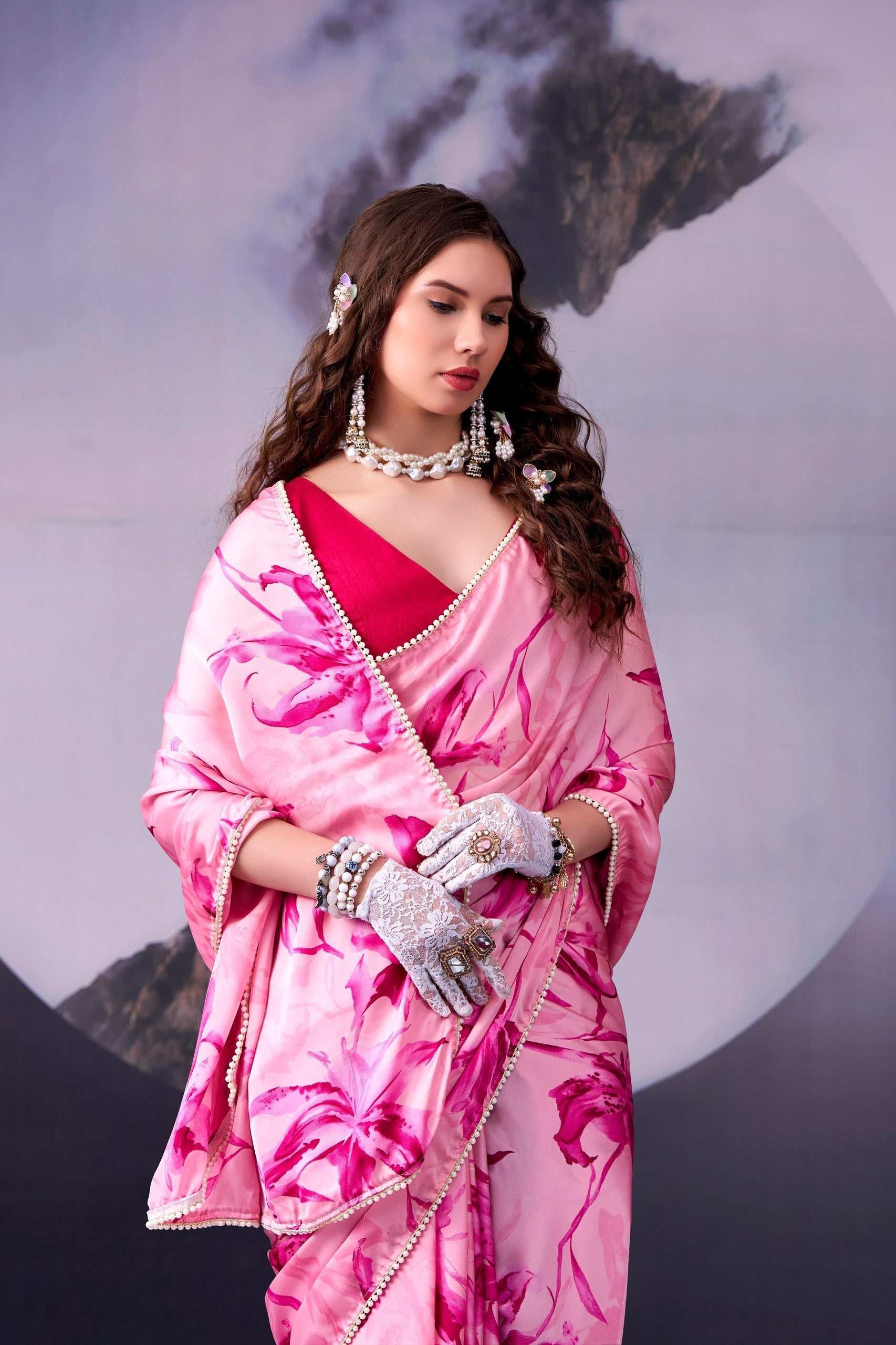 Pink Printed Saree with Pearl Border