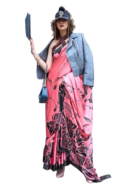 Pink Queen Digital Printed Satin Crepe Saree with Blouse Piece – Festive & Partywear