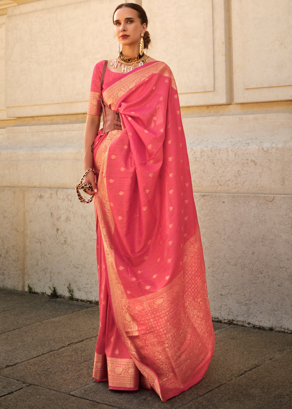 Pink Regal Banarasi Blended Silk Saree with Intricate Timeless Design & Unstitched Blouse