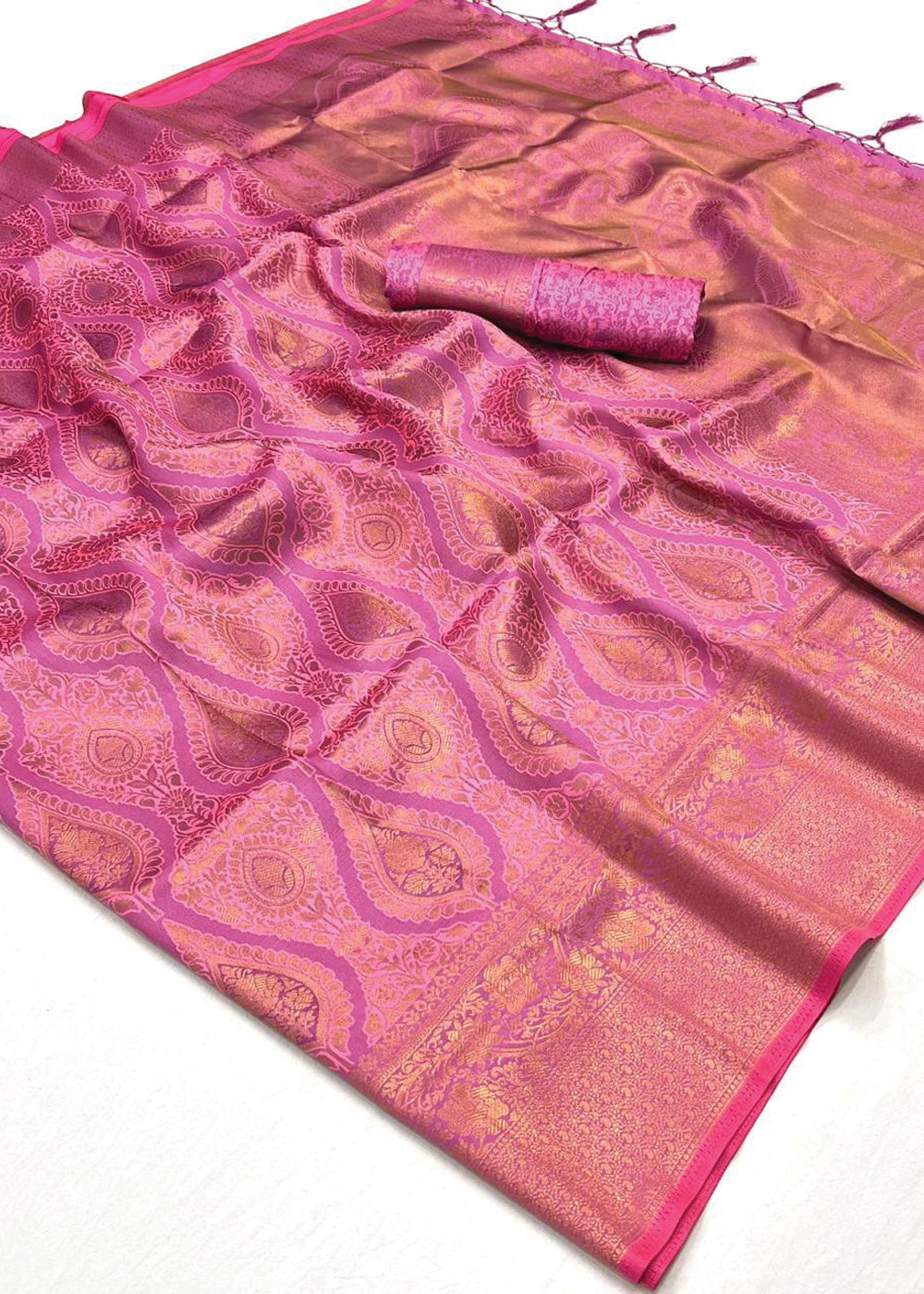 Pink Regal Banarasi Silk Saree with Gold & Silver Zari Brocade Work