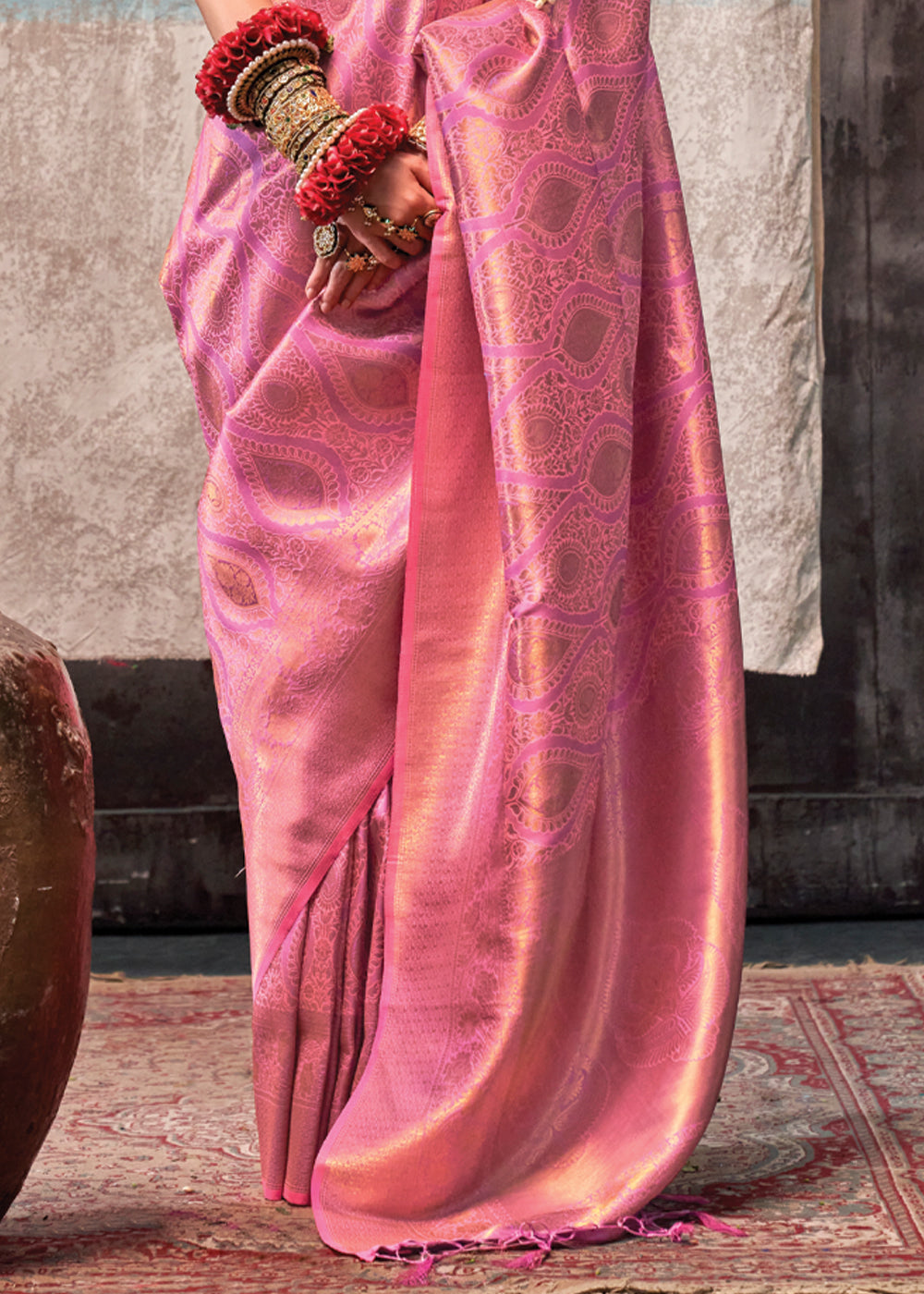 Pink Regal Banarasi Silk Saree with Gold & Silver Zari Brocade Work