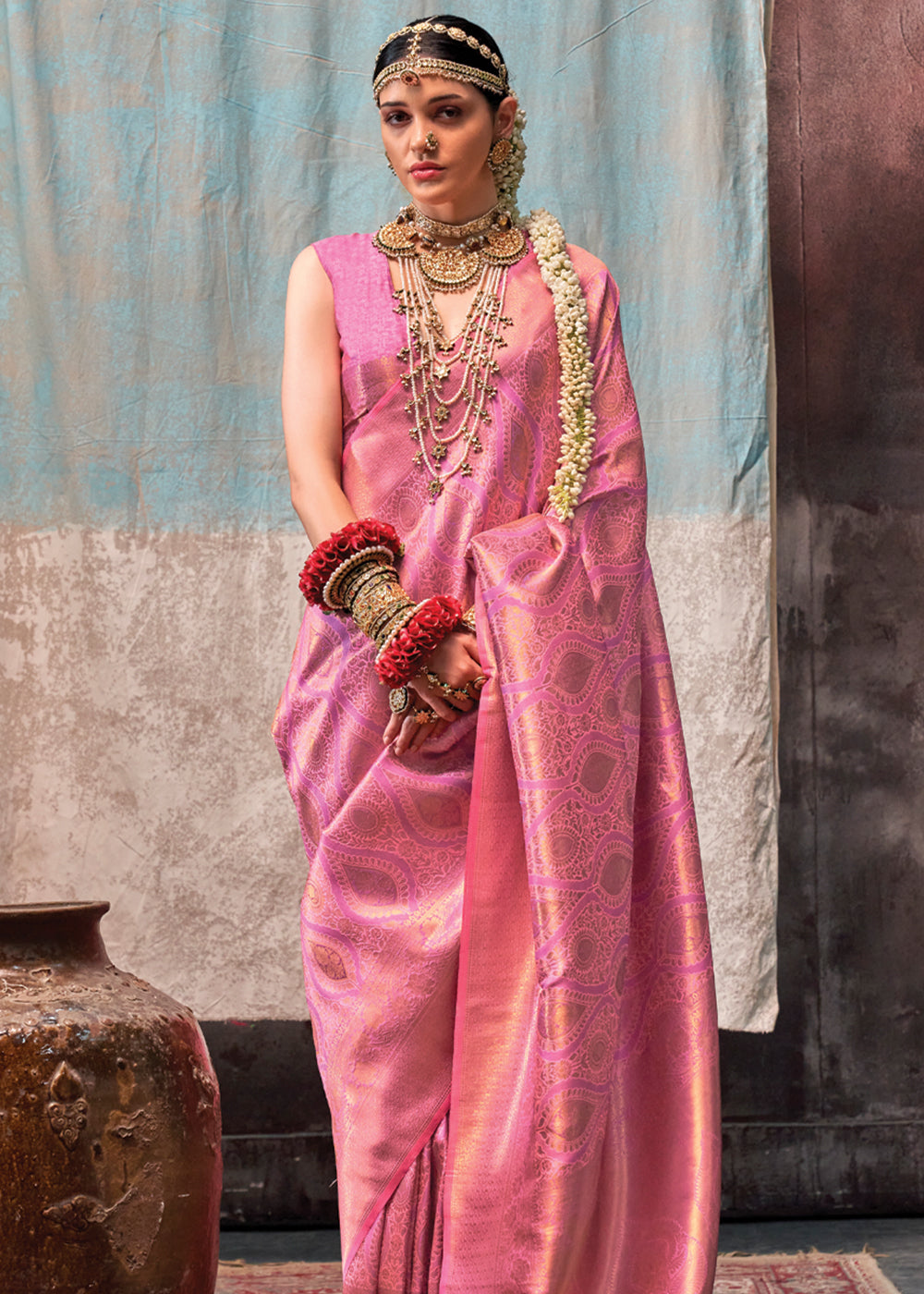 Pink Regal Banarasi Silk Saree with Gold & Silver Zari Brocade Work