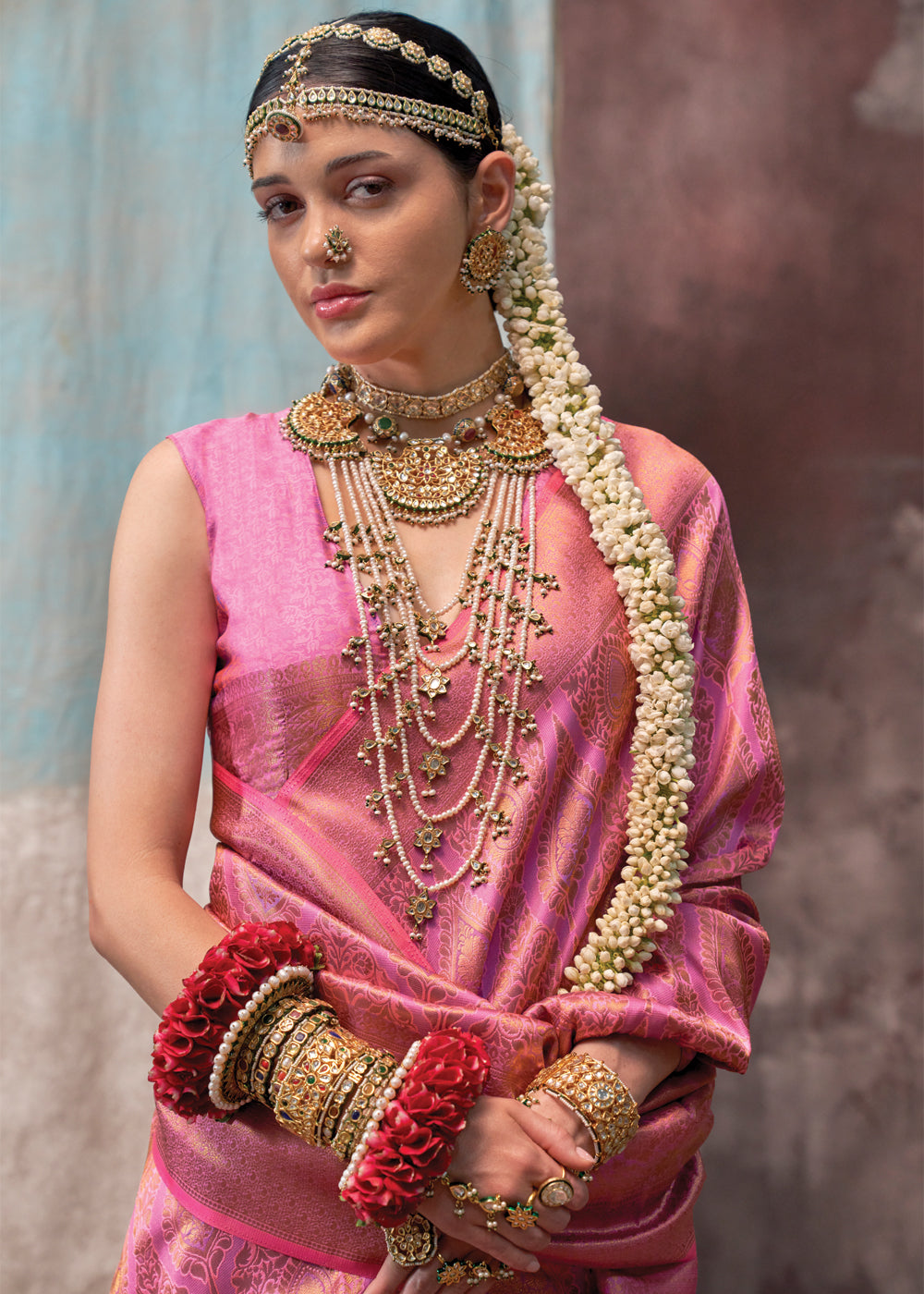 Pink Regal Banarasi Silk Saree with Gold & Silver Zari Brocade Work
