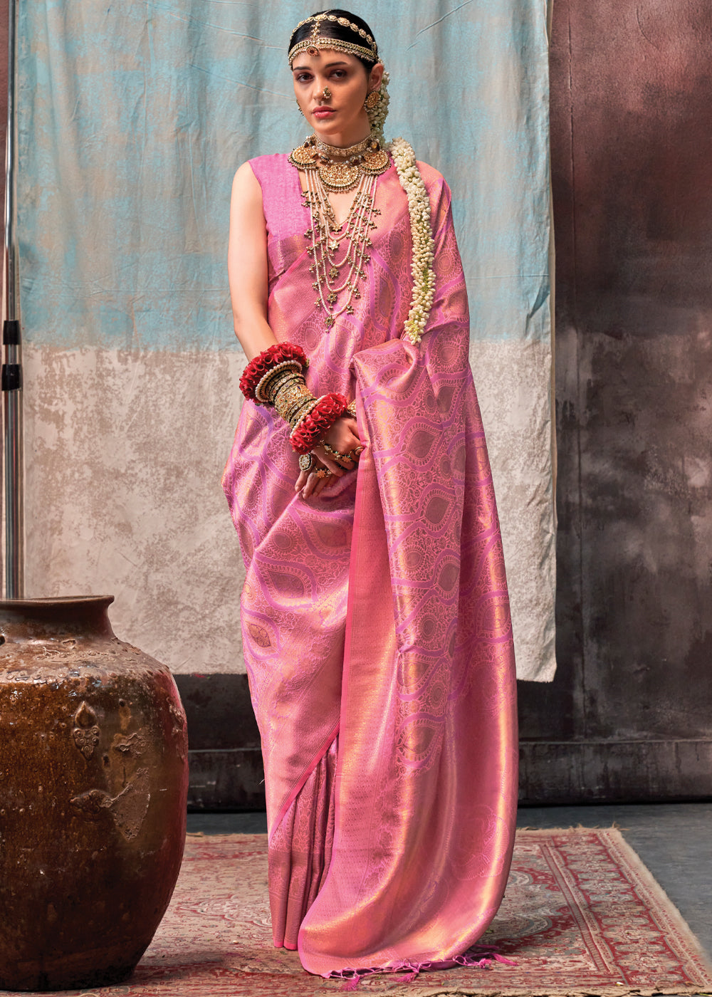 Pink Regal Banarasi Silk Saree with Gold & Silver Zari Brocade Work