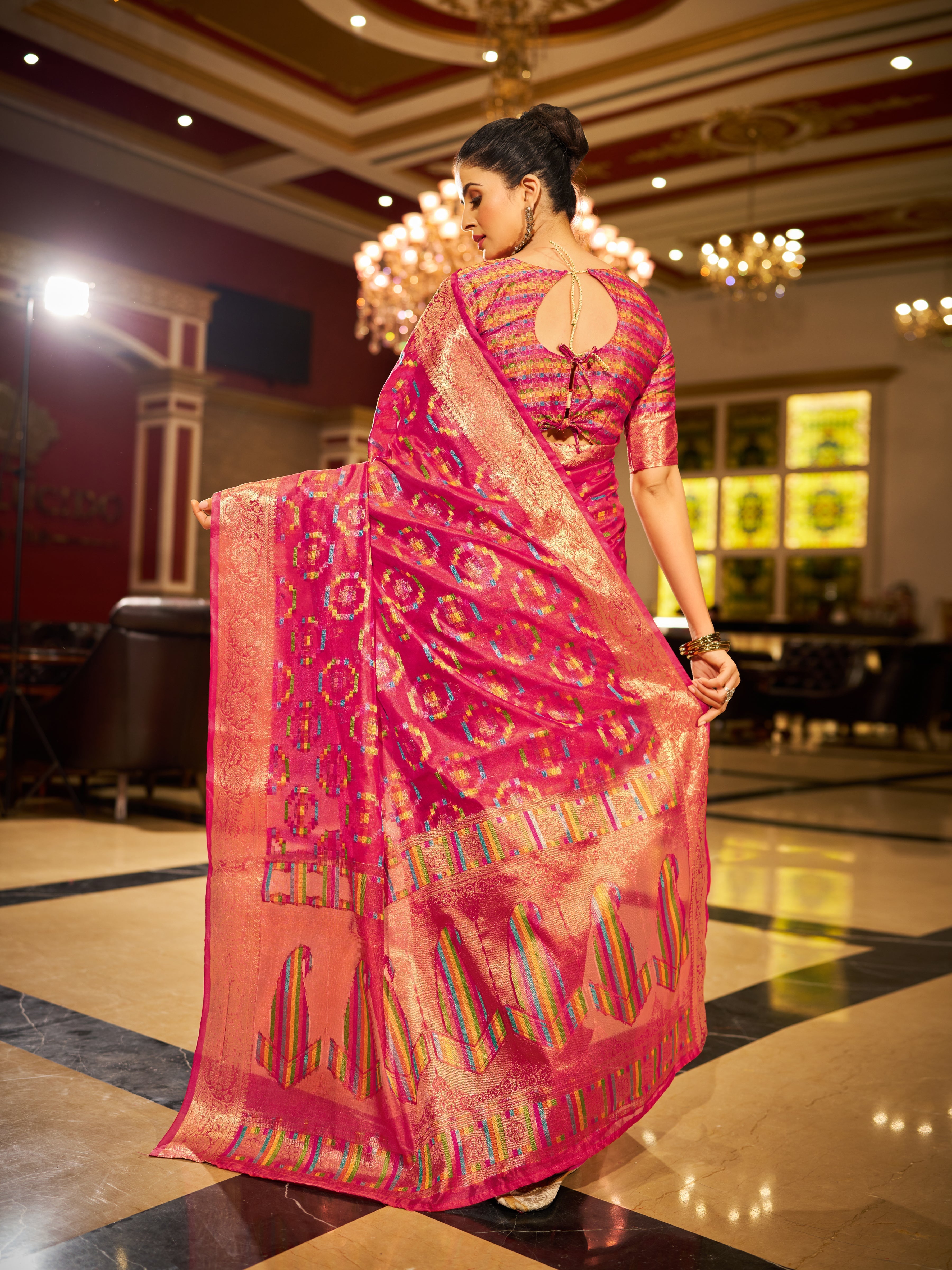 Pink Regal Kanjeevaram Organza Saree with Zari Woven Border