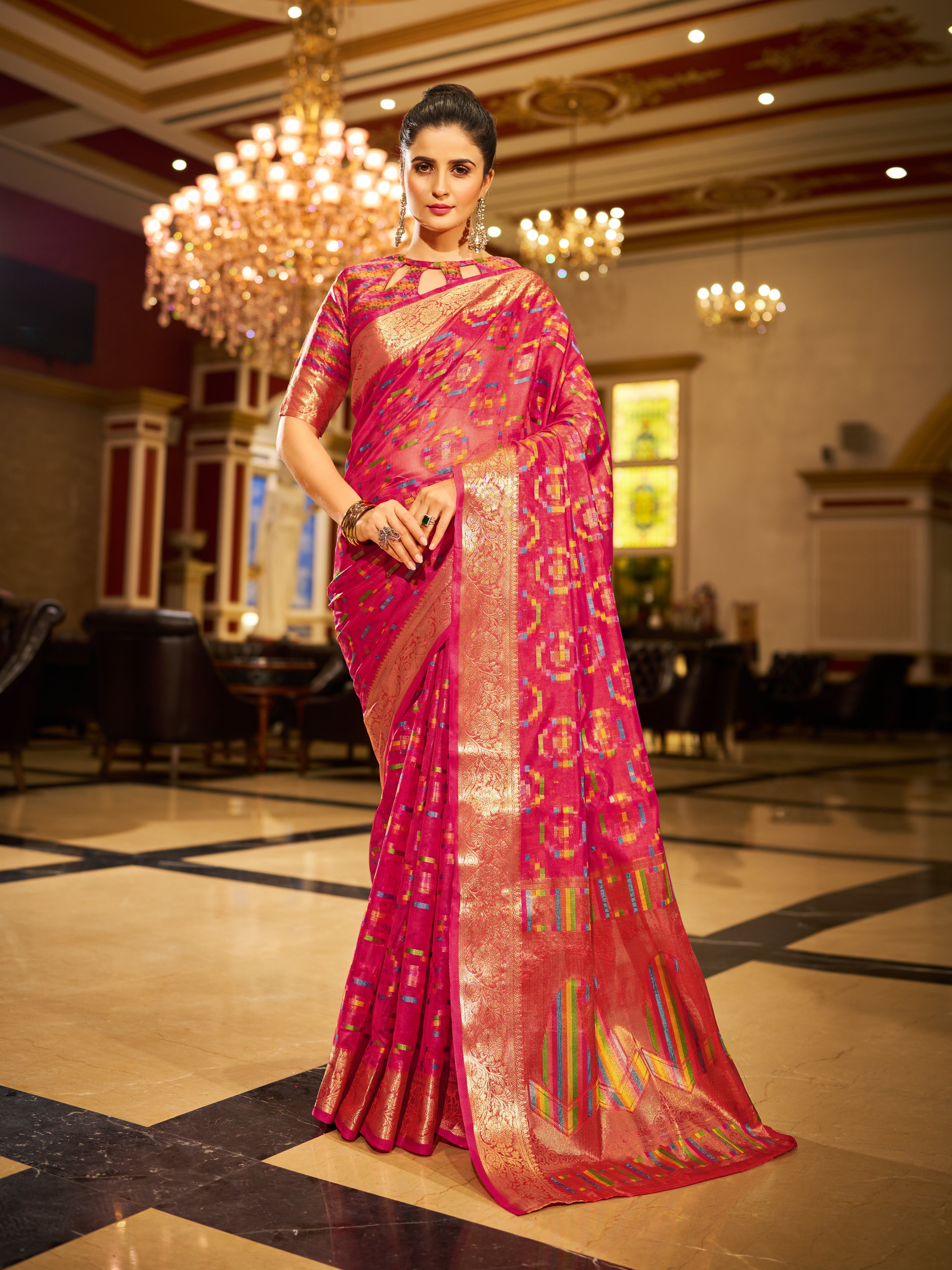 Pink Regal Kanjeevaram Organza Saree with Zari Woven Border