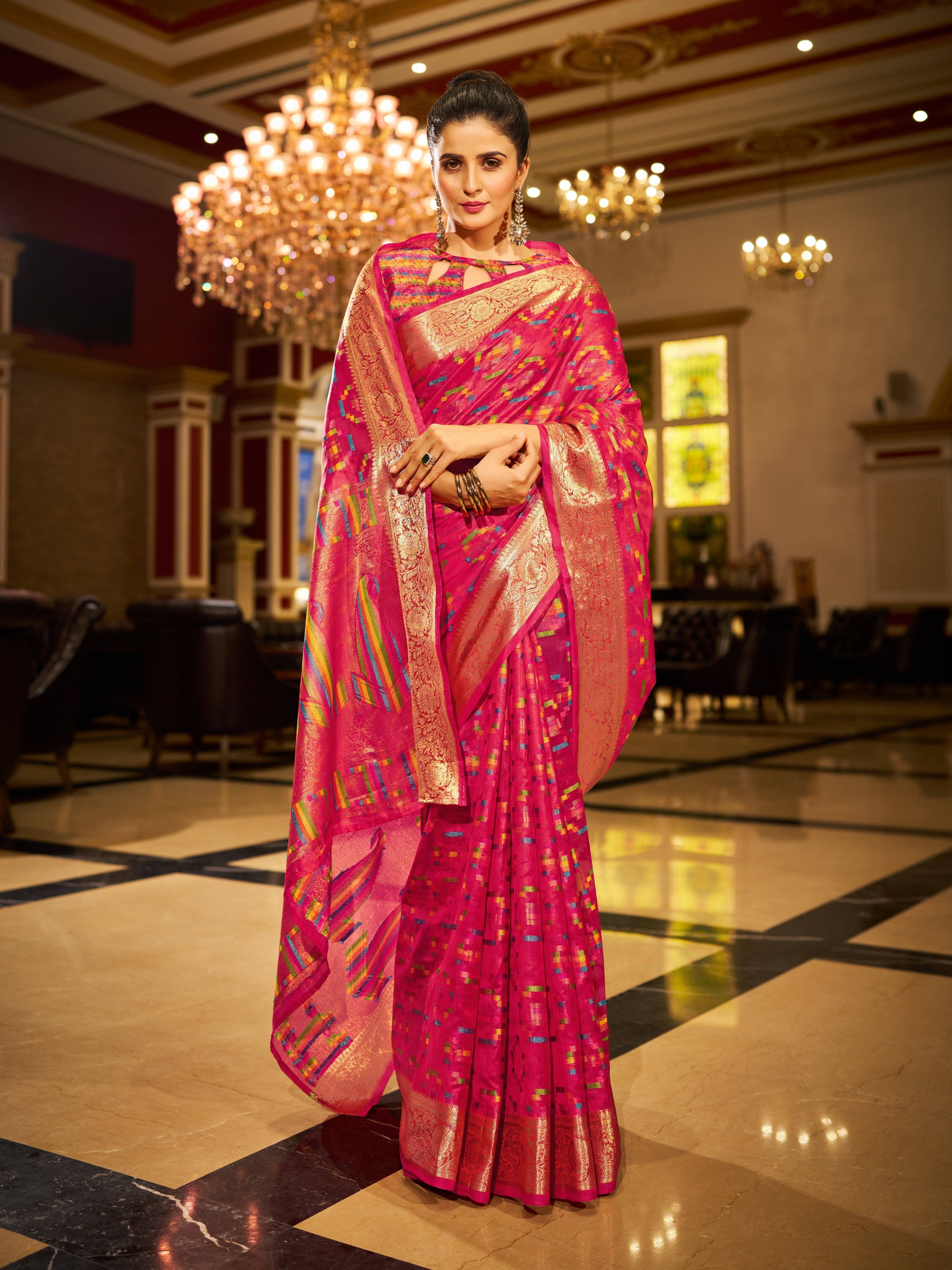 Pink Regal Kanjeevaram Organza Saree with Zari Woven Border