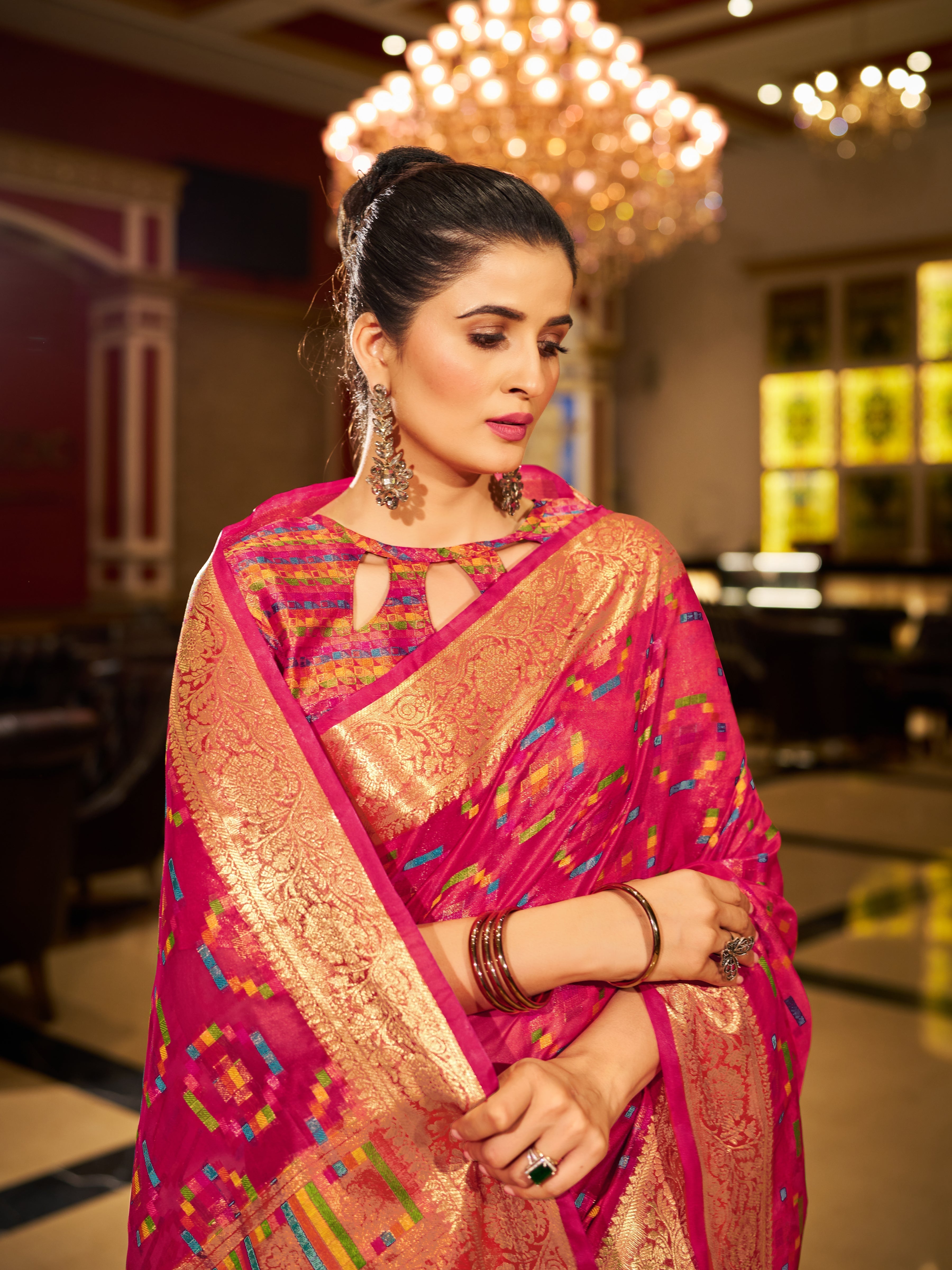 Pink Regal Kanjeevaram Organza Saree with Zari Woven Border