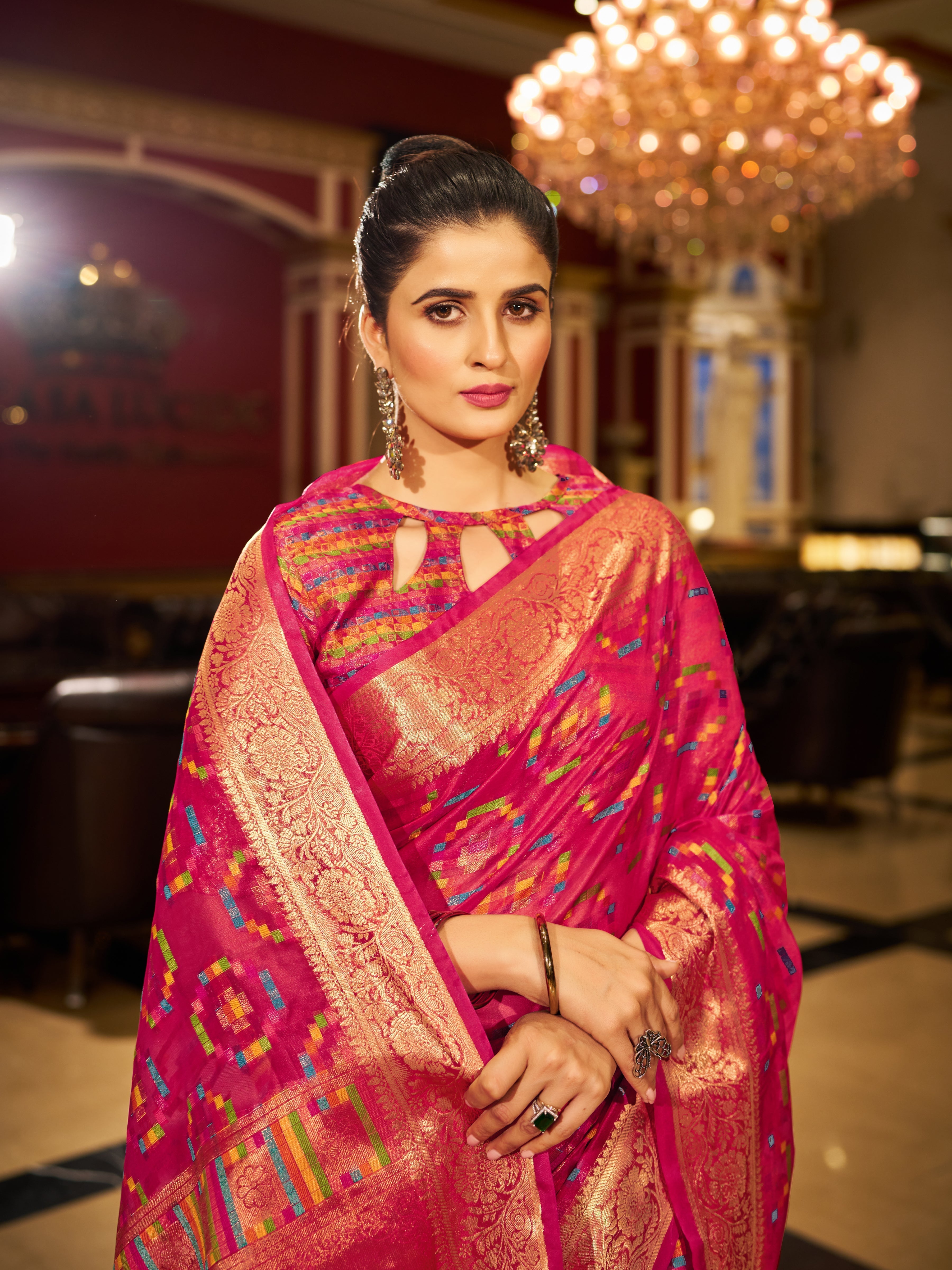 Pink Regal Kanjeevaram Organza Saree with Zari Woven Border