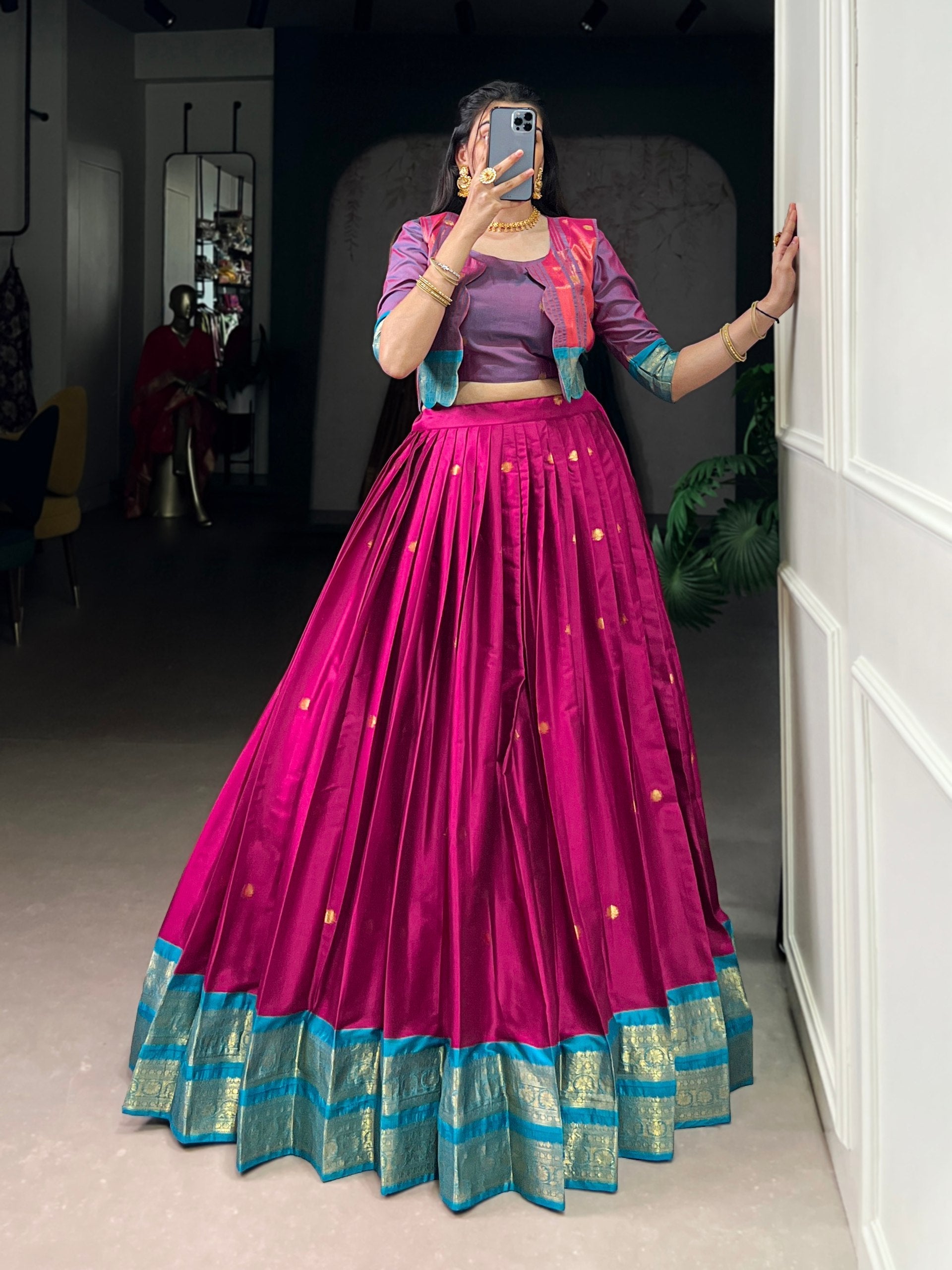 Pink Regal Poly Cotton Zari Weaving Work Lehenga Set – Stitched 5-Meter Flair Lehenga with Matching Blouse & Koti