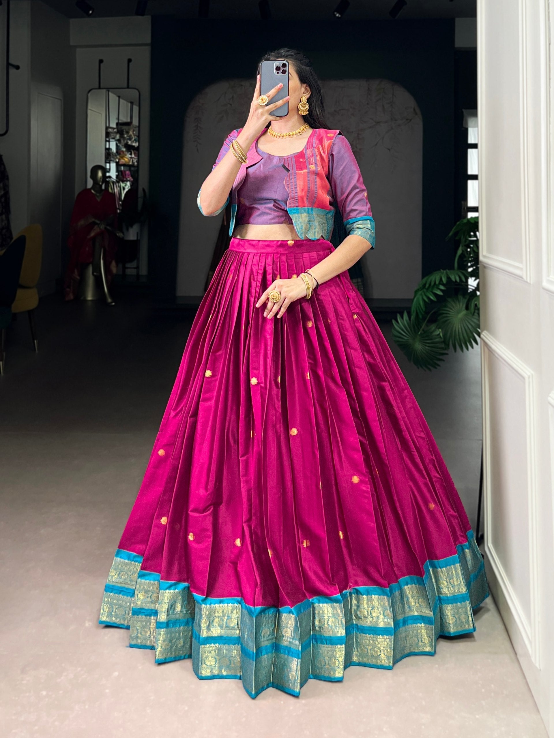 Pink Regal Poly Cotton Zari Weaving Work Lehenga Set – Stitched 5-Meter Flair Lehenga with Matching Blouse & Koti