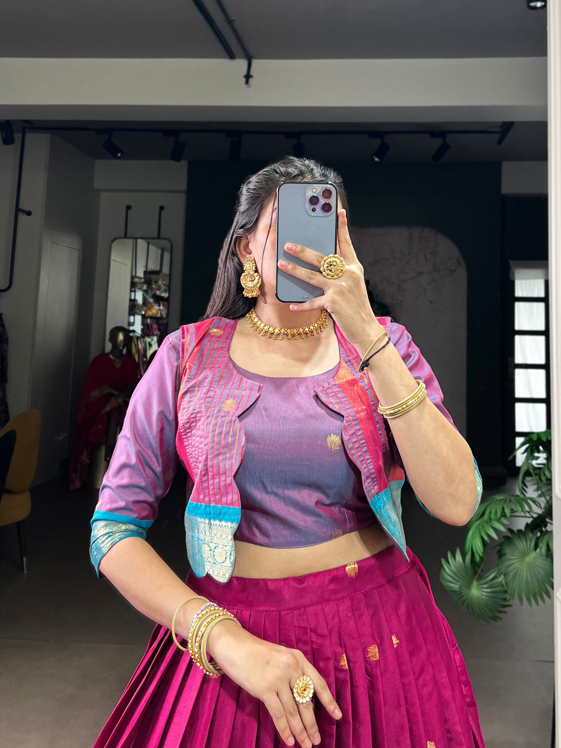 Pink Regal Poly Cotton Zari Weaving Work Lehenga Set – Stitched 5-Meter Flair Lehenga with Matching Blouse & Koti
