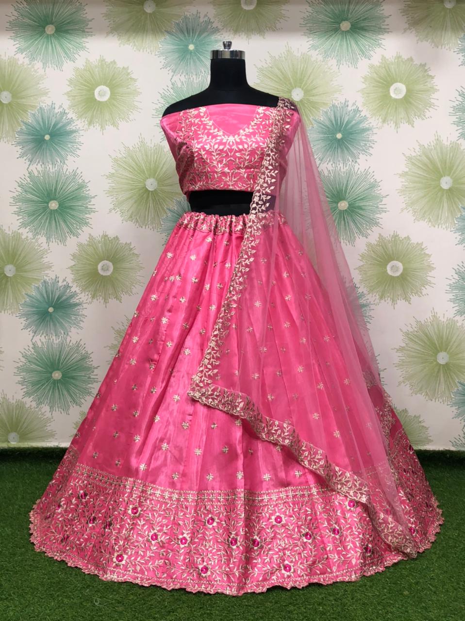 Pink Regal Satin Banglory Silk Lehenga Set – Exquisite Cutwork Embroidery