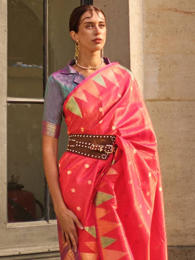 Pink Women's Banarasi Silk Blend Saree with Unstitched Blouse Piece