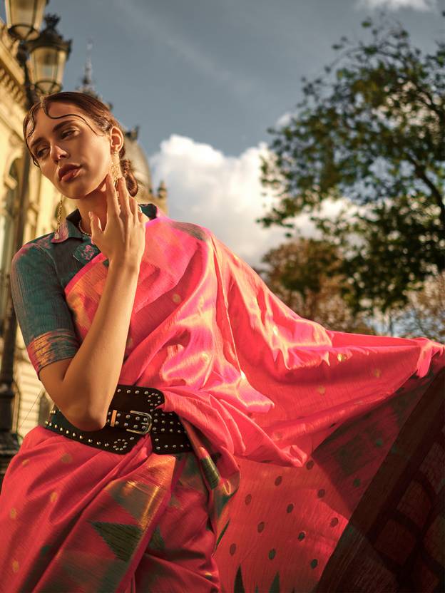 Pink Women's Banarasi Silk Blend Saree with Unstitched Blouse Piece