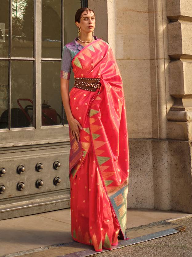 Pink Women's Banarasi Silk Blend Saree with Unstitched Blouse Piece