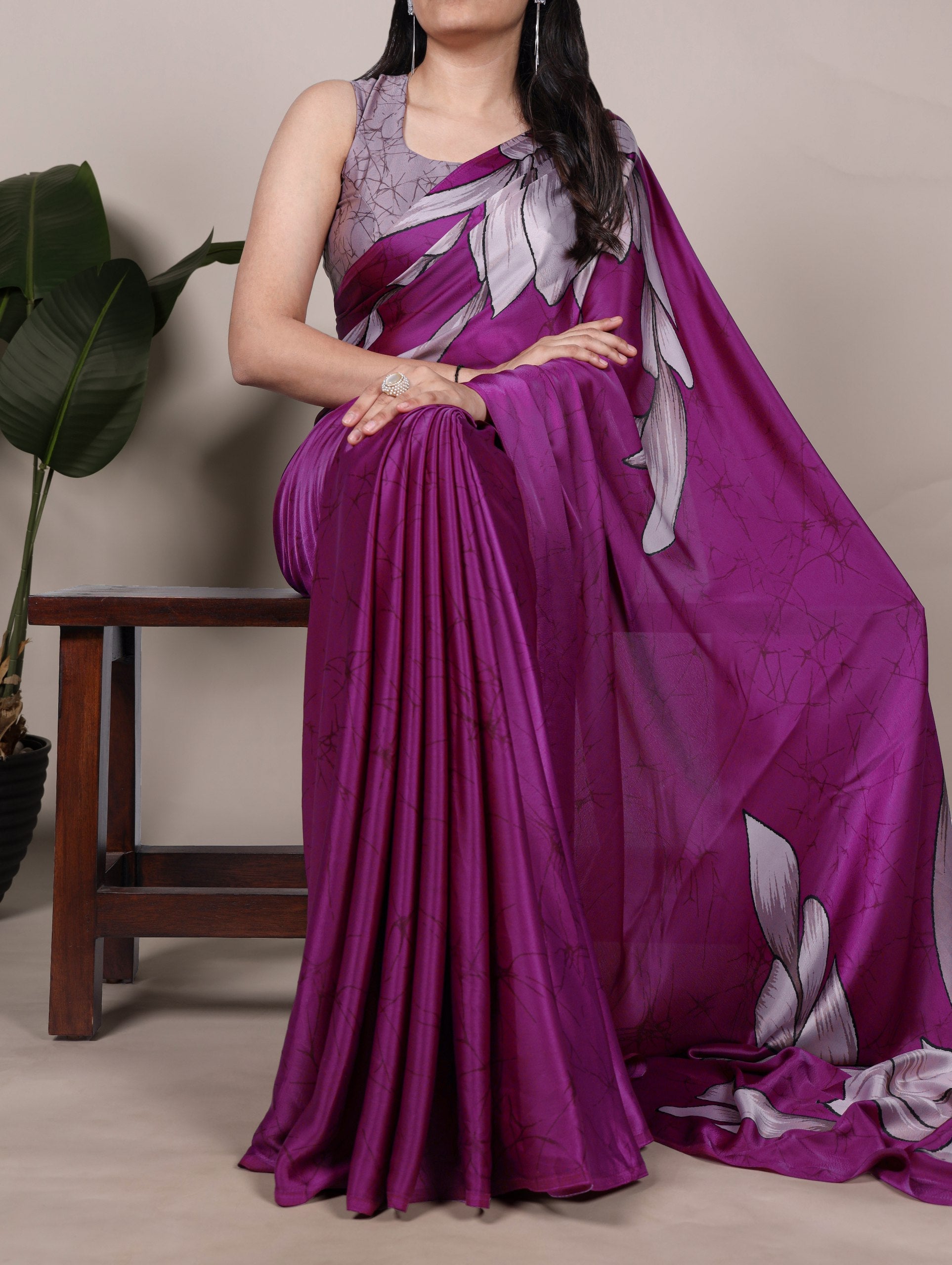 Pink Satin Silk Floral Printed Saree with Matching Unstitched Blouse