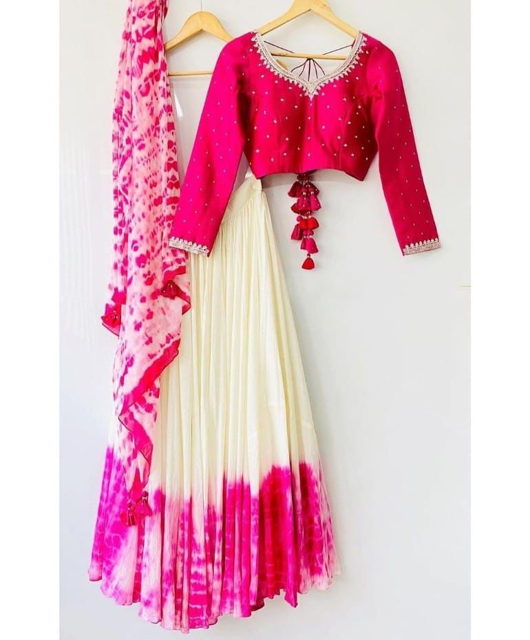 Pink Shibori Marble Dyed Lehenga with Raw Silk Hand Embroidered Blouse In Multi Colors