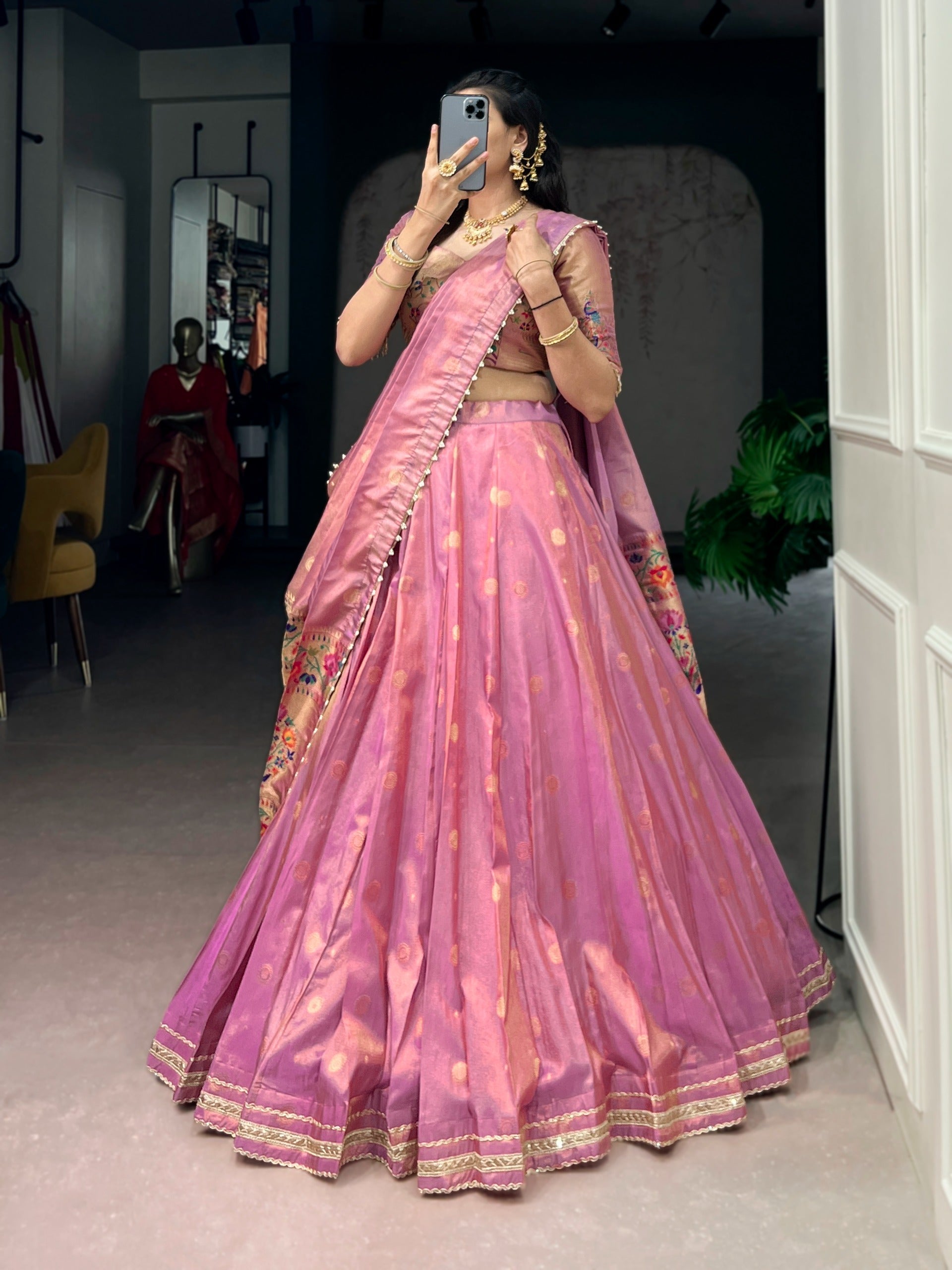 Pink Shimmer Zari Weaving Lehenga