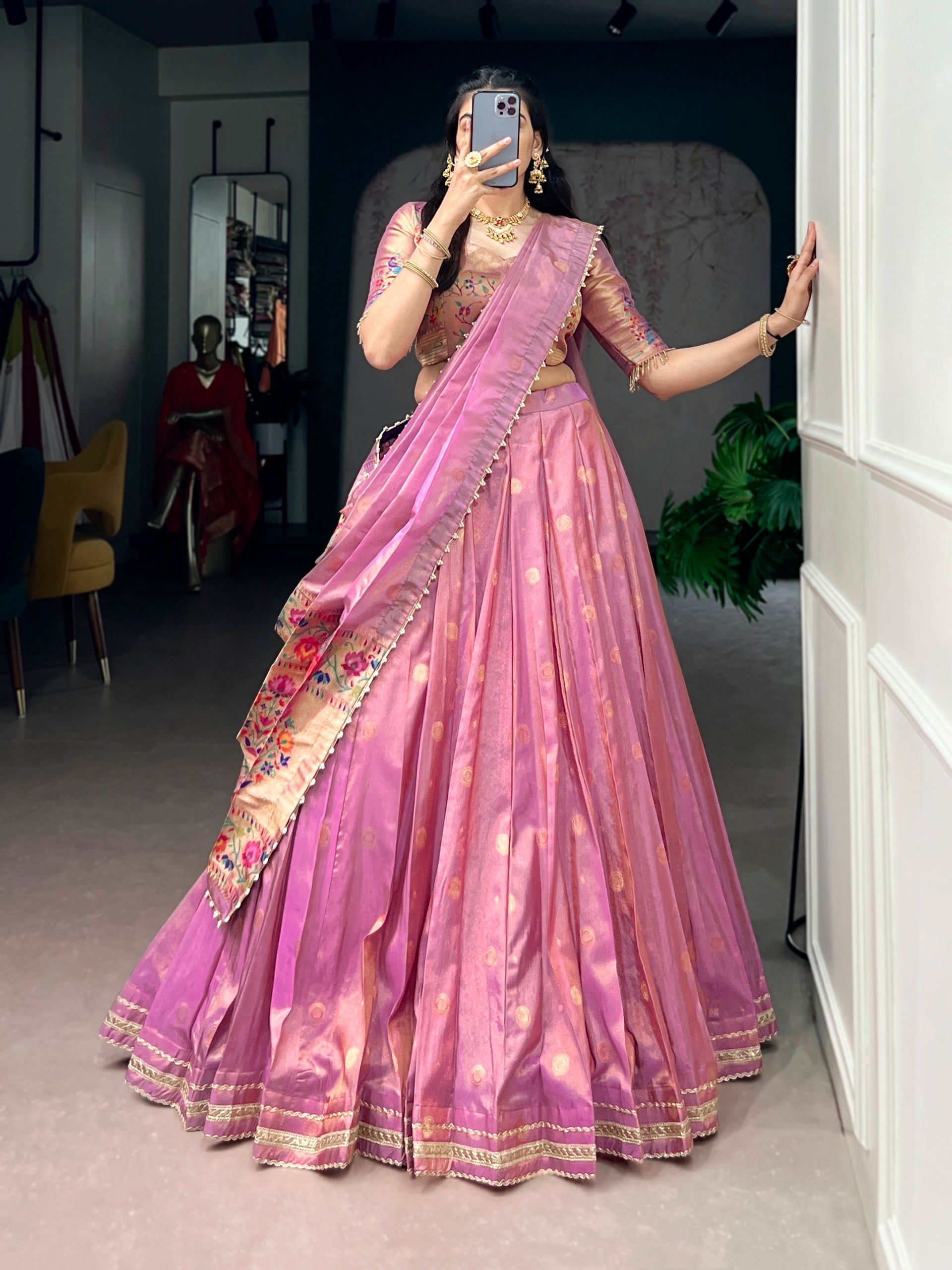 Pink Shimmer Zari Weaving Lehenga