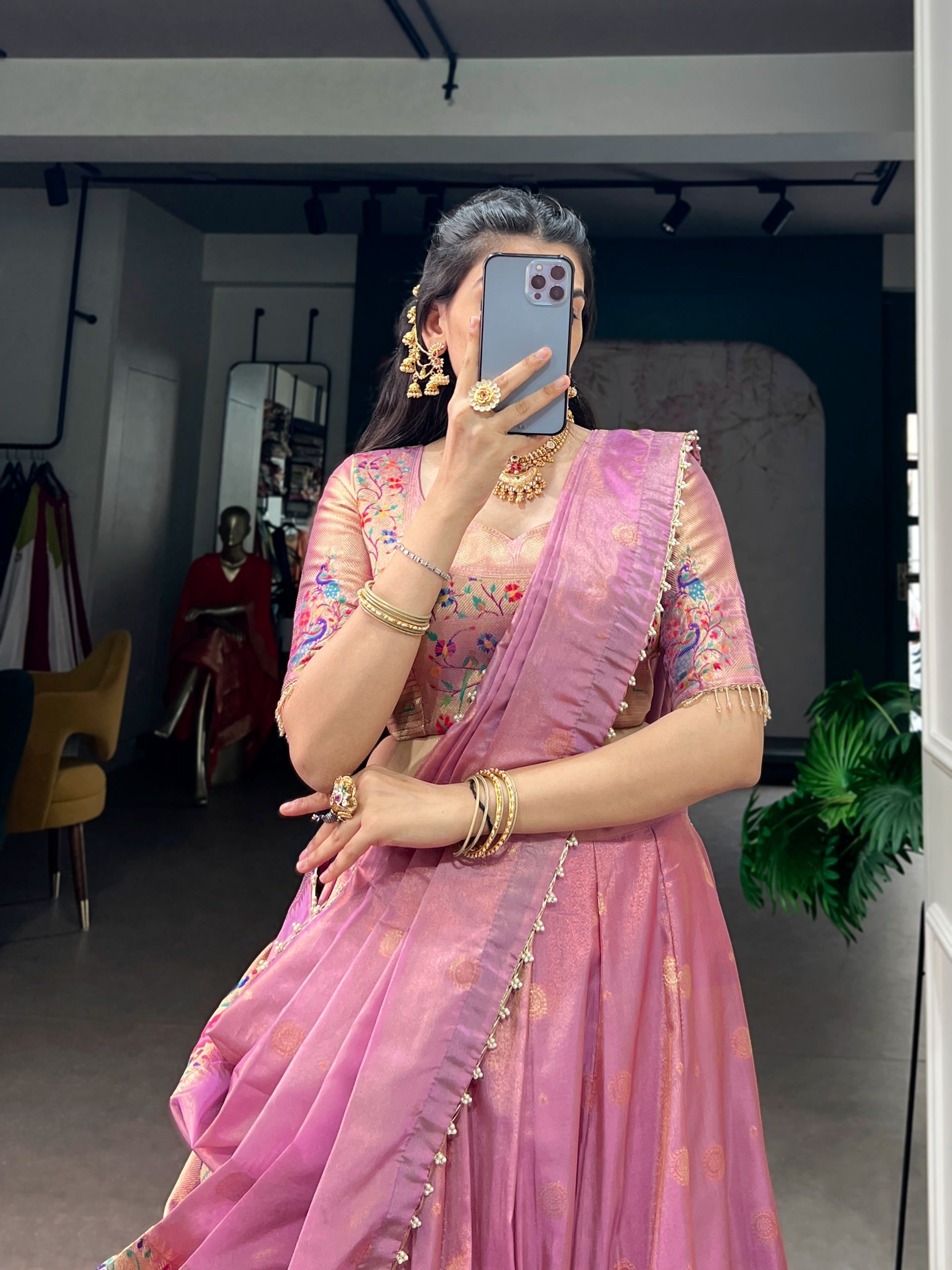 Pink Shimmer Zari Weaving Lehenga