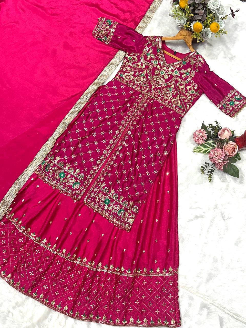 Pink Silk Kali Cut Lehenga Set