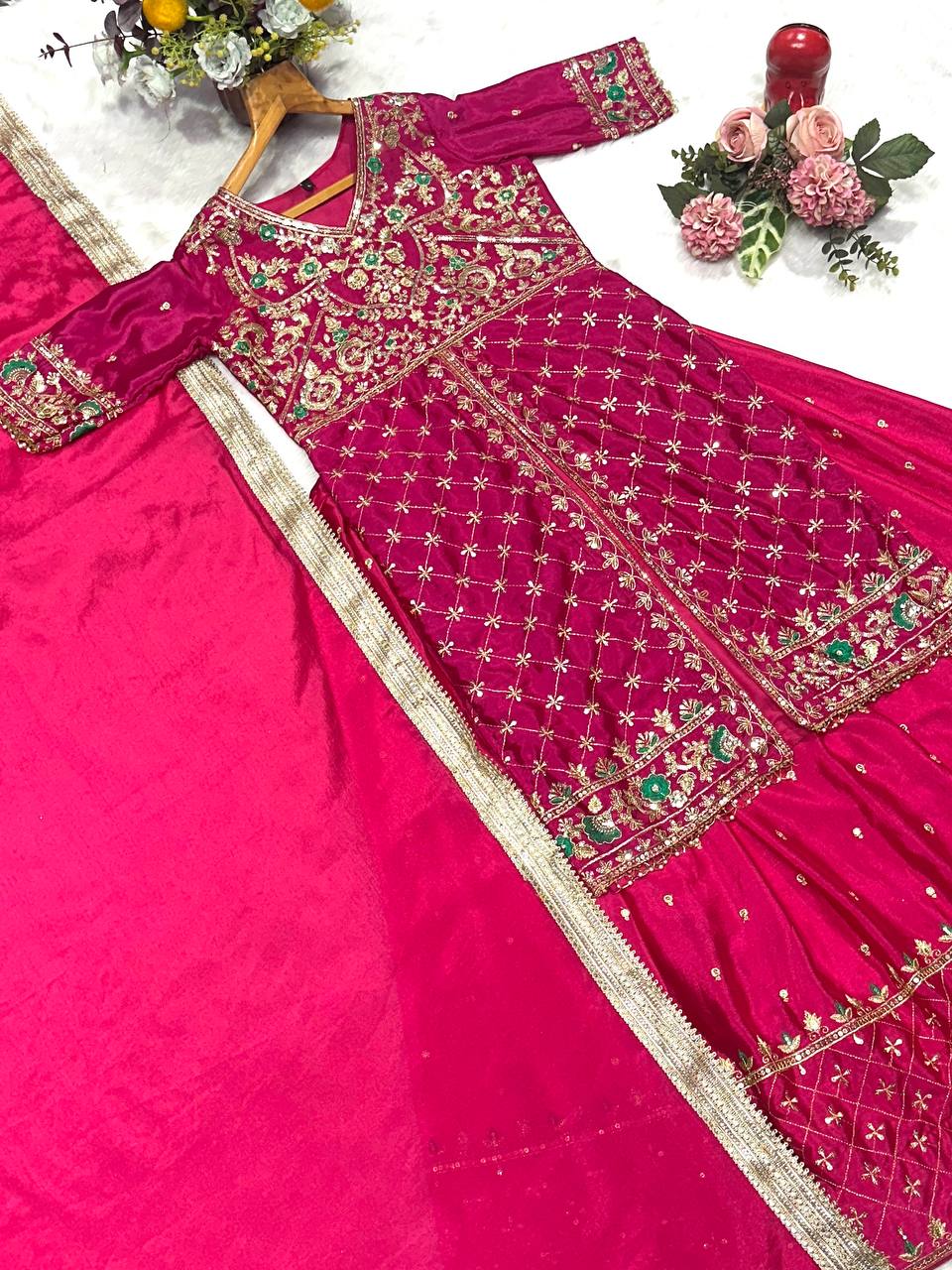 Pink Silk Kali Cut Lehenga Set