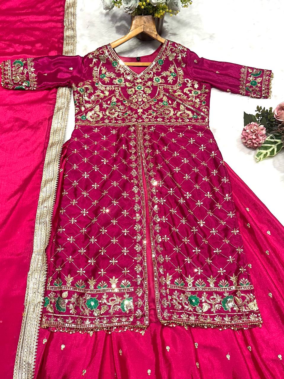 Pink Silk Kali Cut Lehenga Set