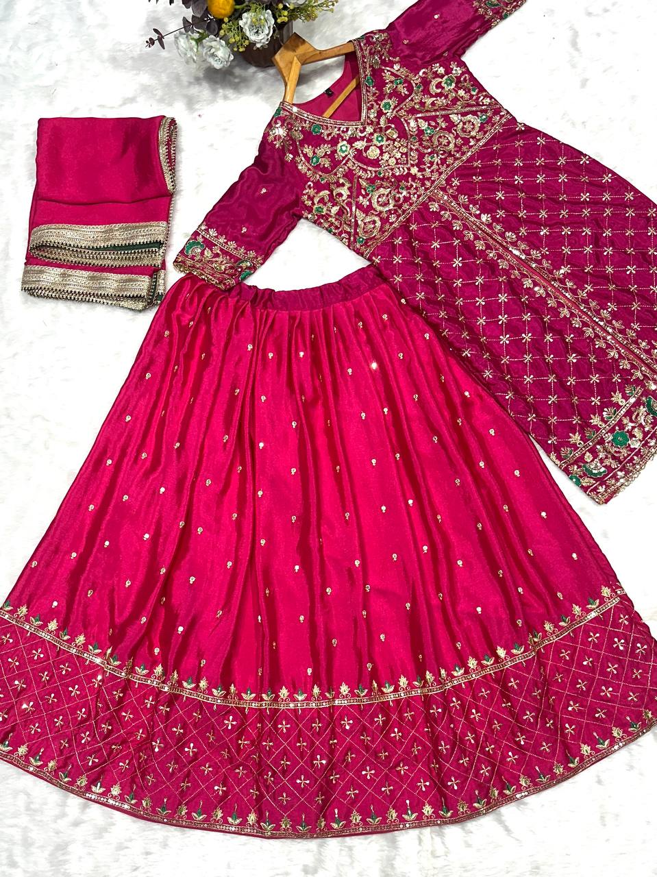 Pink Silk Kali Cut Lehenga Set