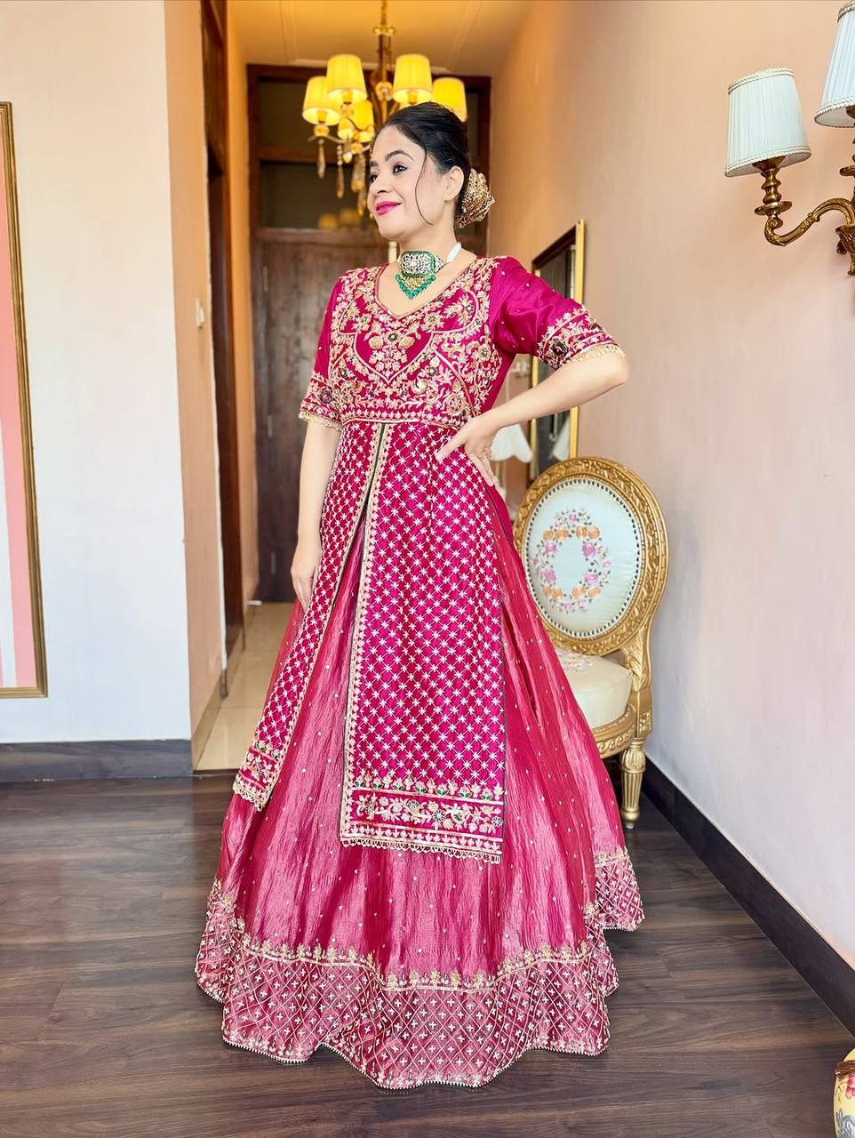 Pink Silk Kali Cut Lehenga Set