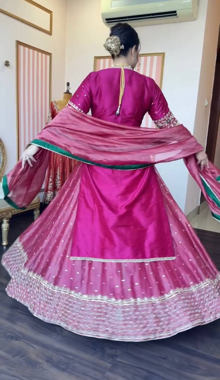 Pink Silk Kali Cut Lehenga Set