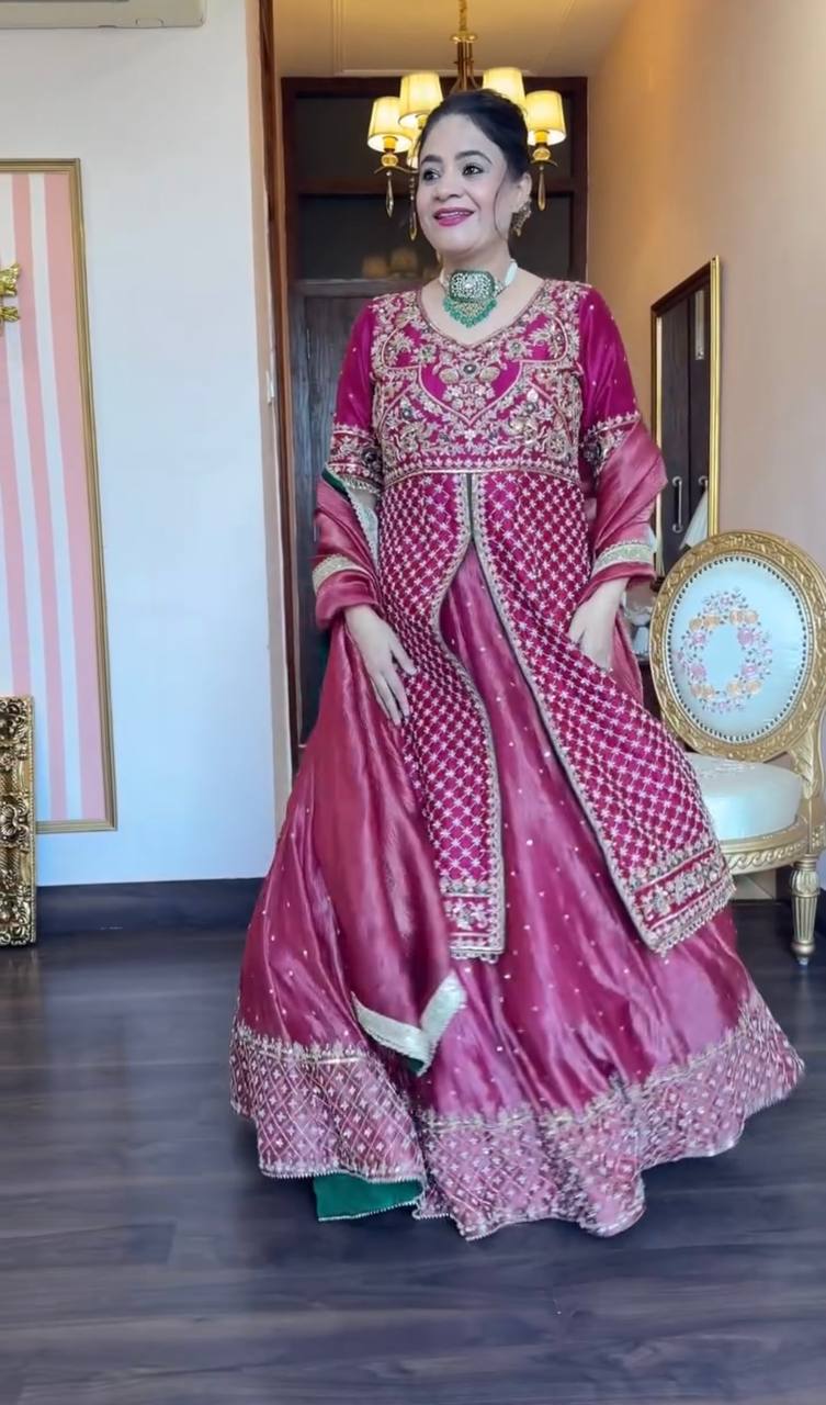 Pink Silk Kali Cut Lehenga Set