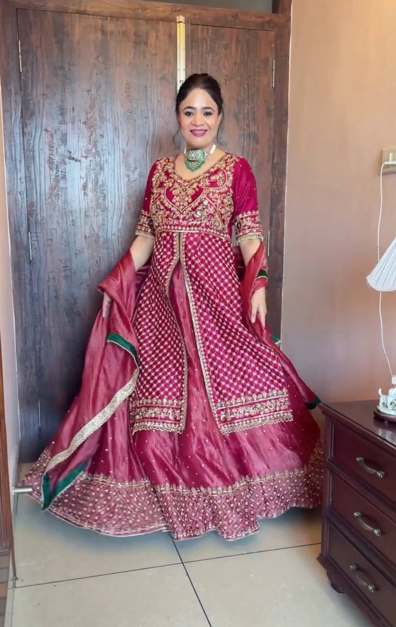Pink Silk Kali Cut Lehenga Set