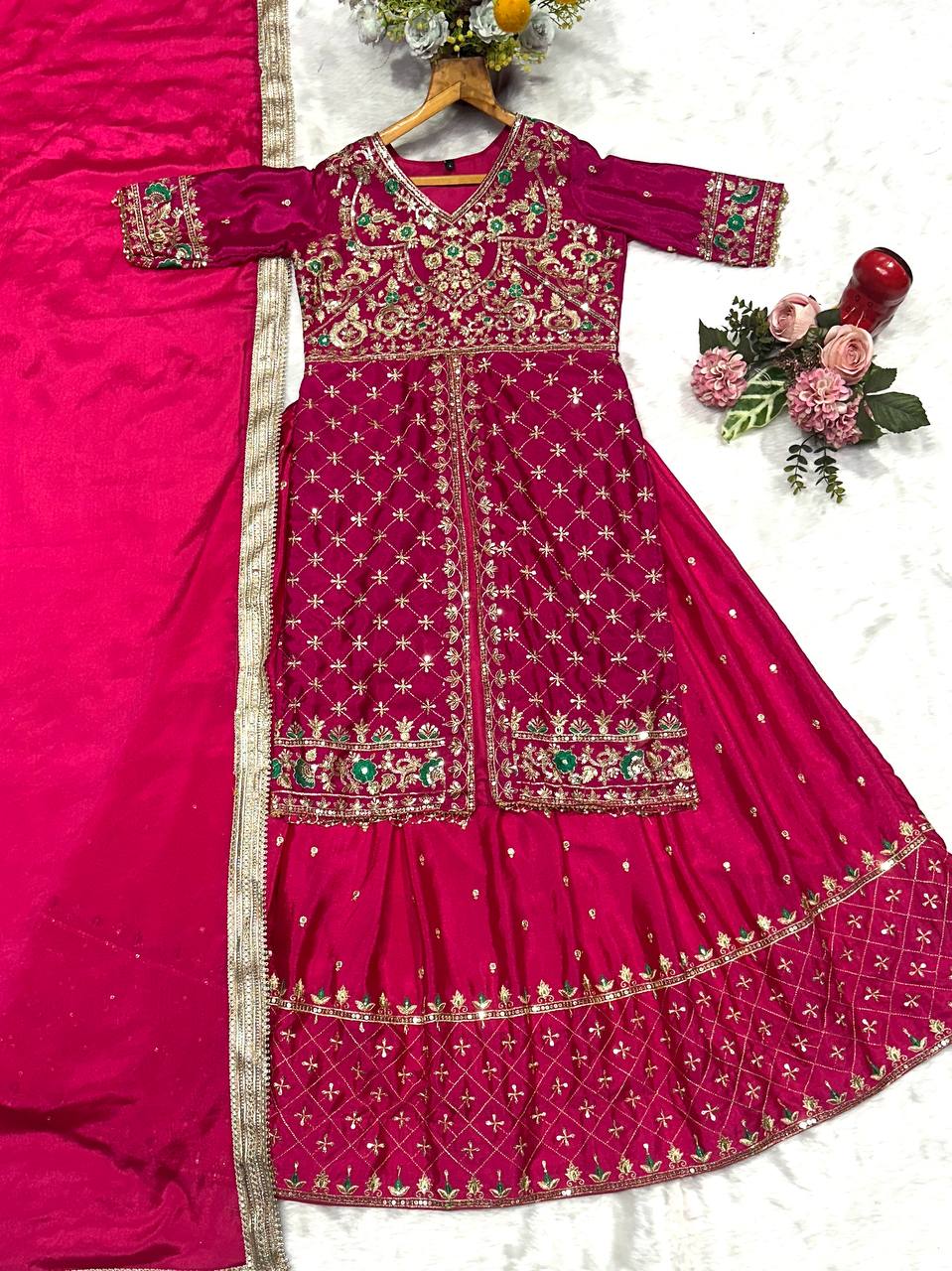 Pink Silk Kali Cut Lehenga Set