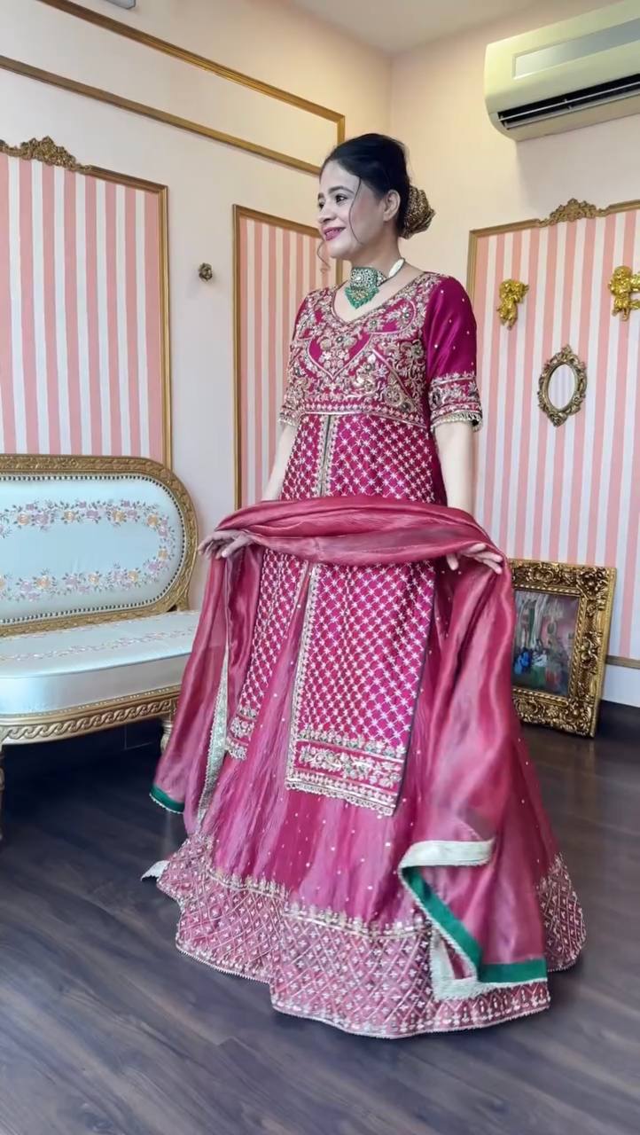 Pink Silk Kali Cut Lehenga Set