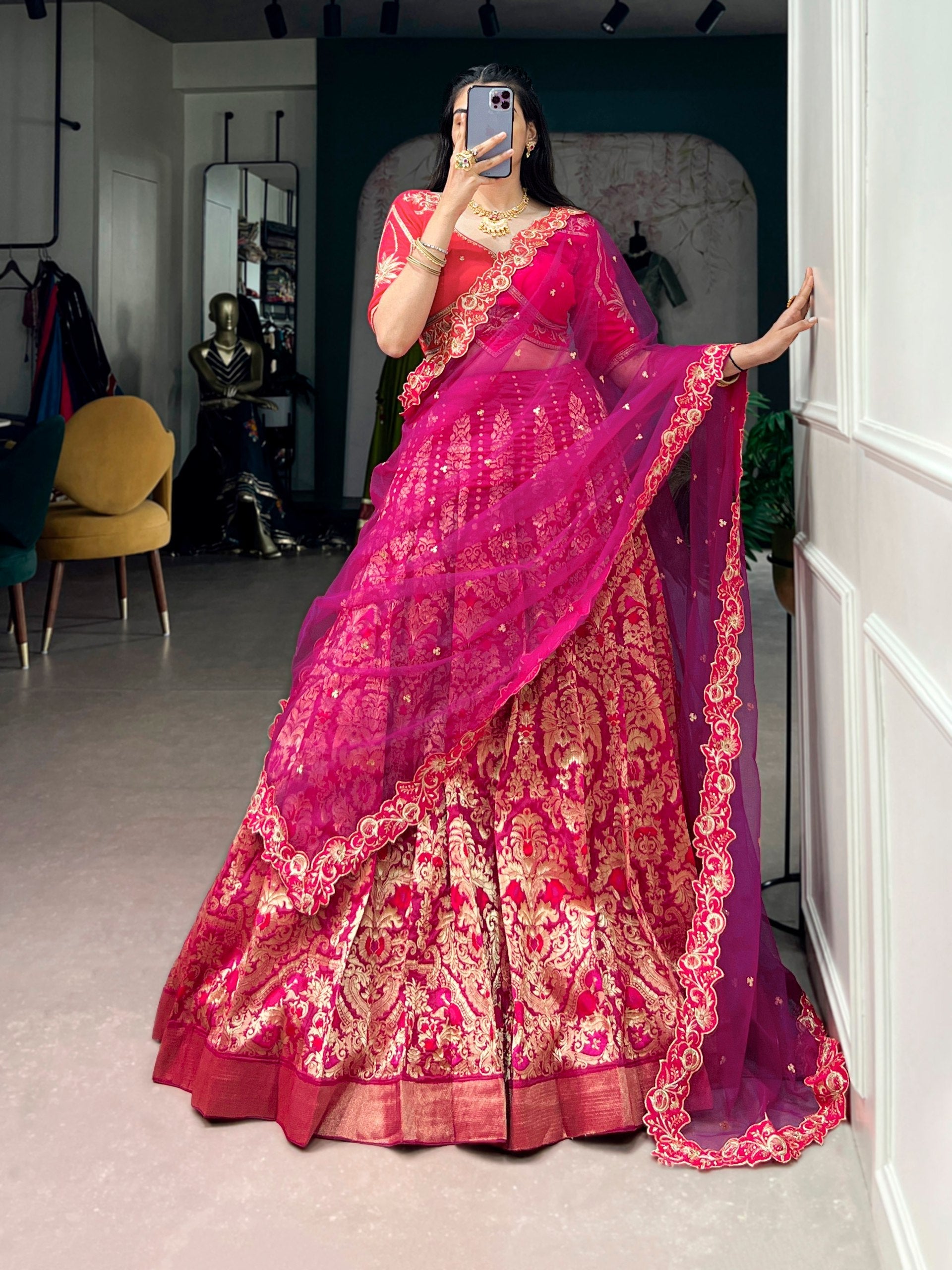 Pink Silk Lehenga Choli with Zari Work