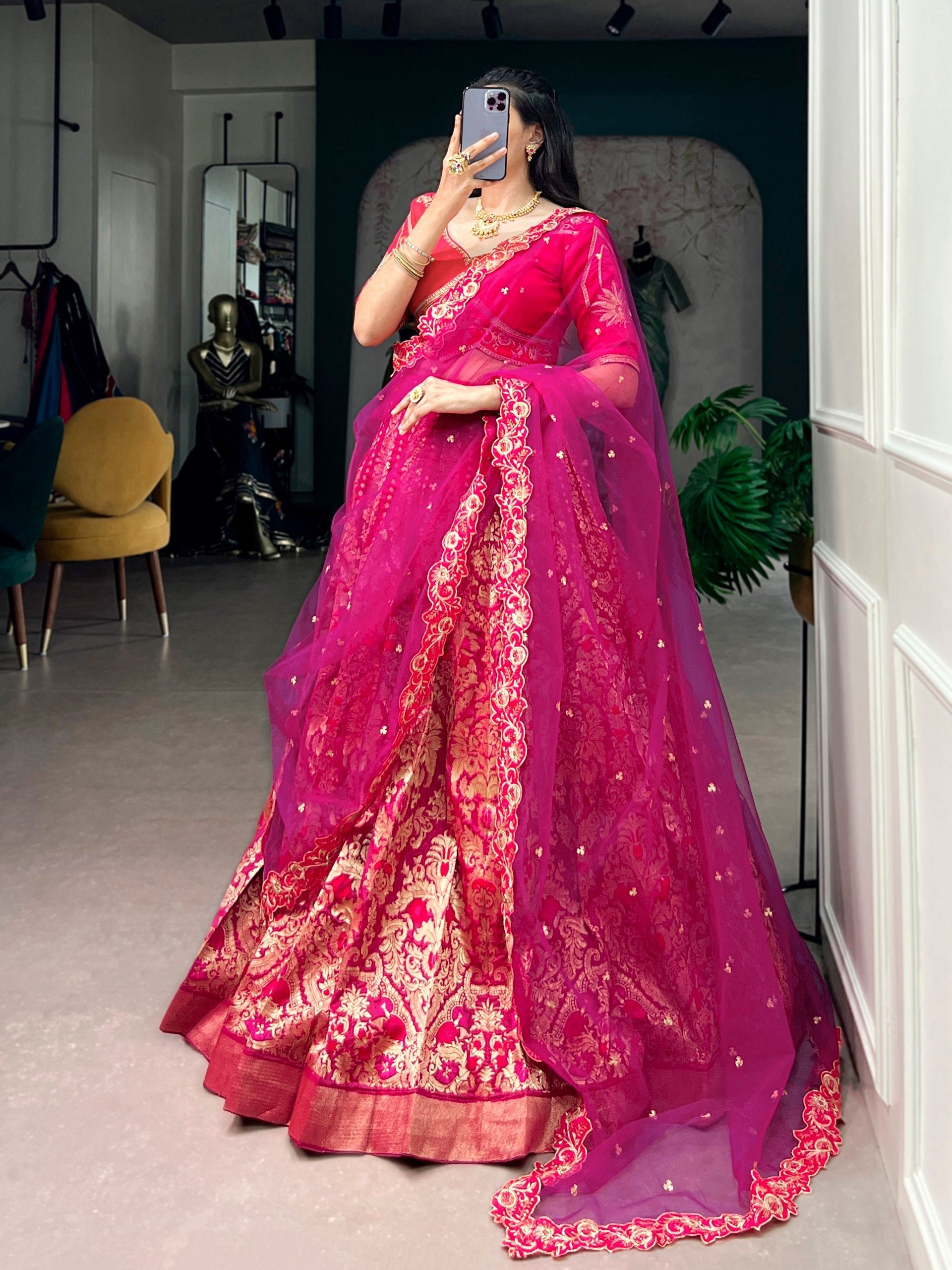 Pink Silk Lehenga Choli with Zari Work