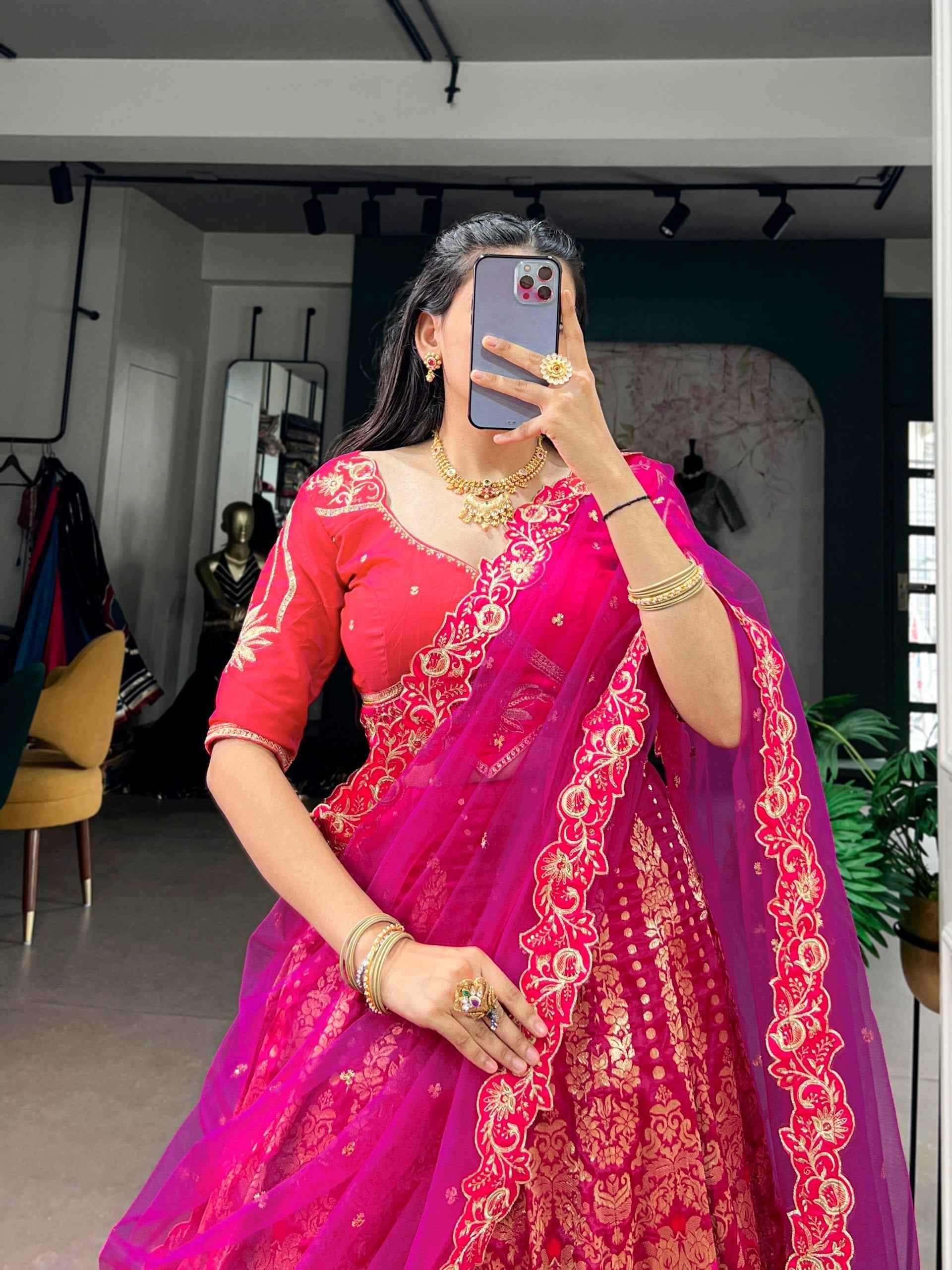 Pink Silk Lehenga Choli with Zari Work