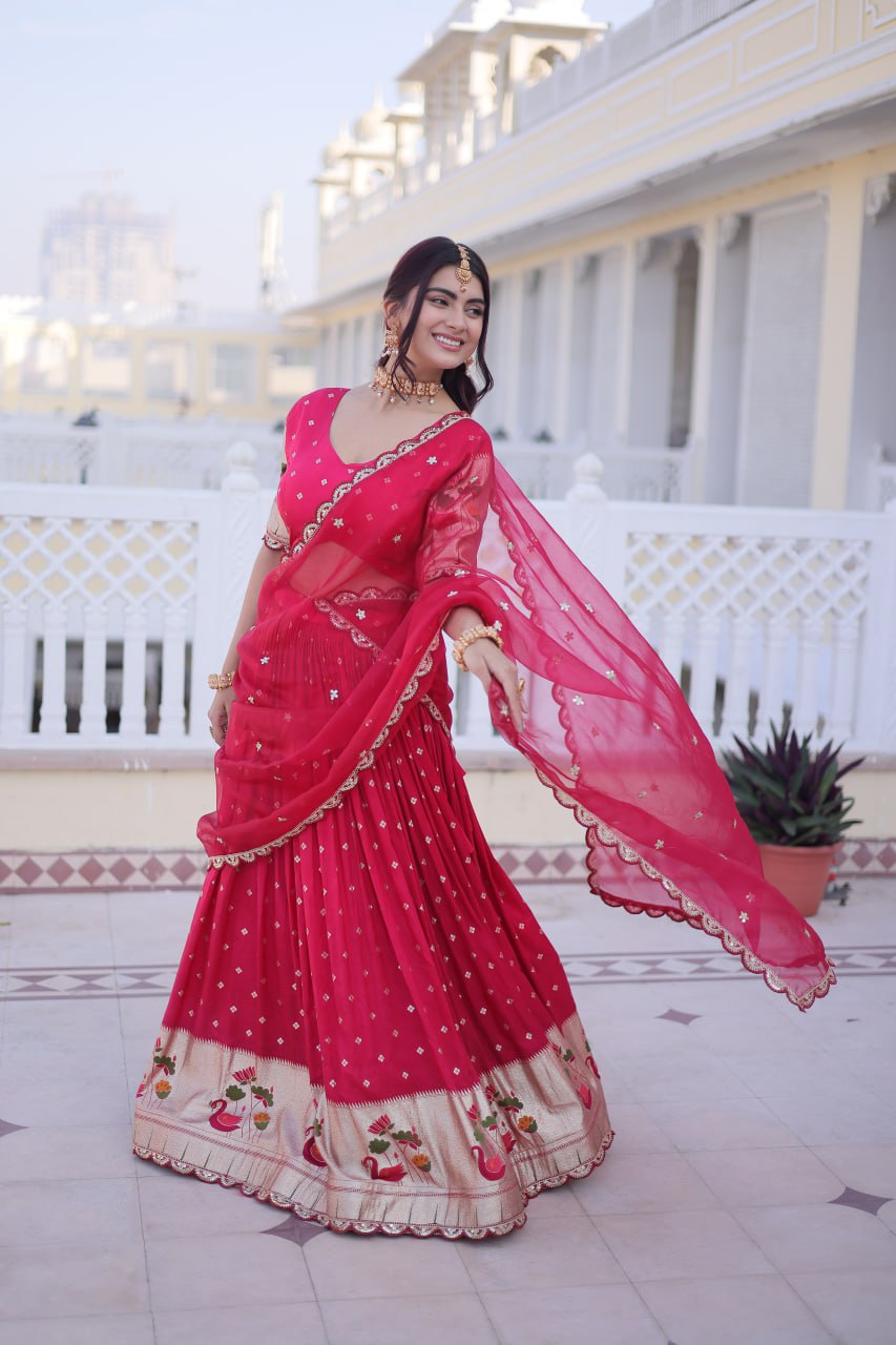 Pink Silk Meena Weaving Lehenga