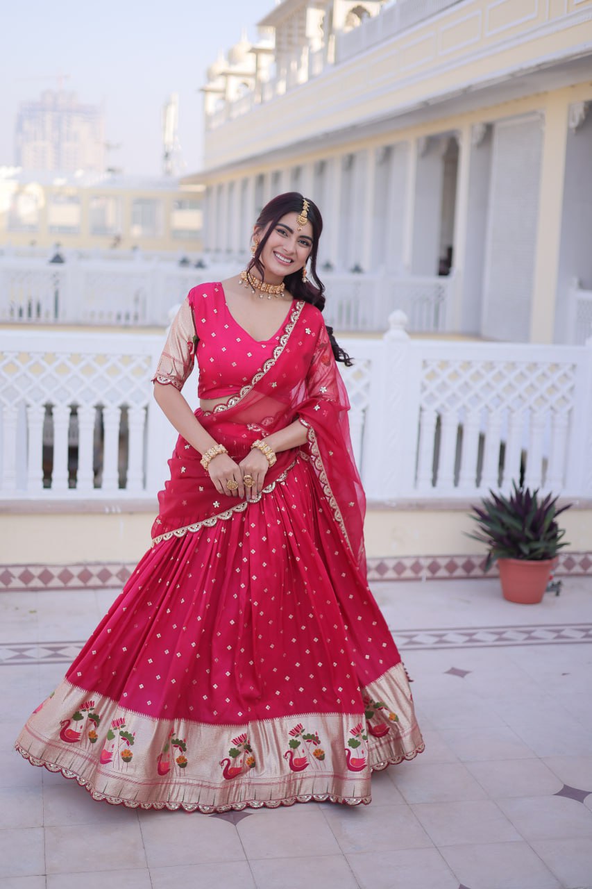 Pink Silk Meena Weaving Lehenga