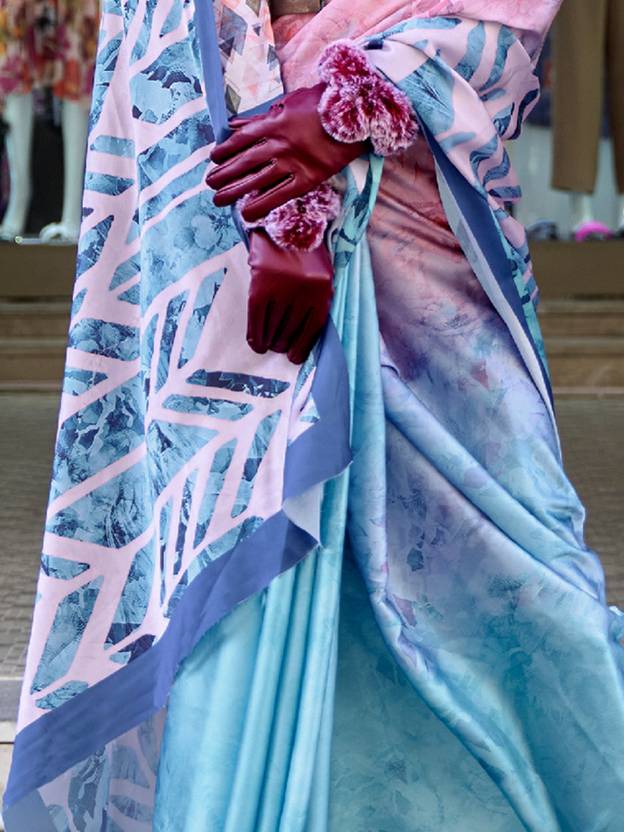 Pink & Sky Digital Print Saree in Satin Silk Blend – Party & Wedding Wear