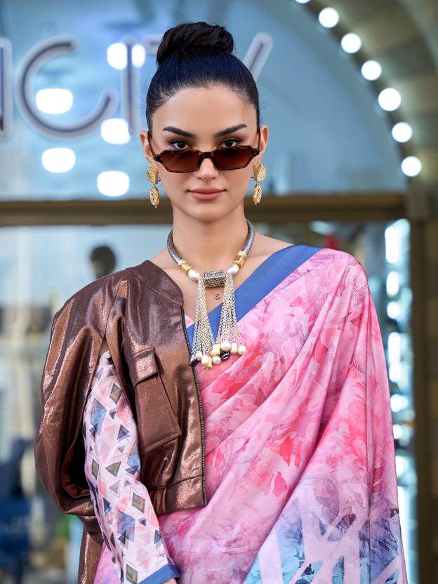 Pink & Sky Digital Print Saree in Satin Silk Blend – Party & Wedding Wear