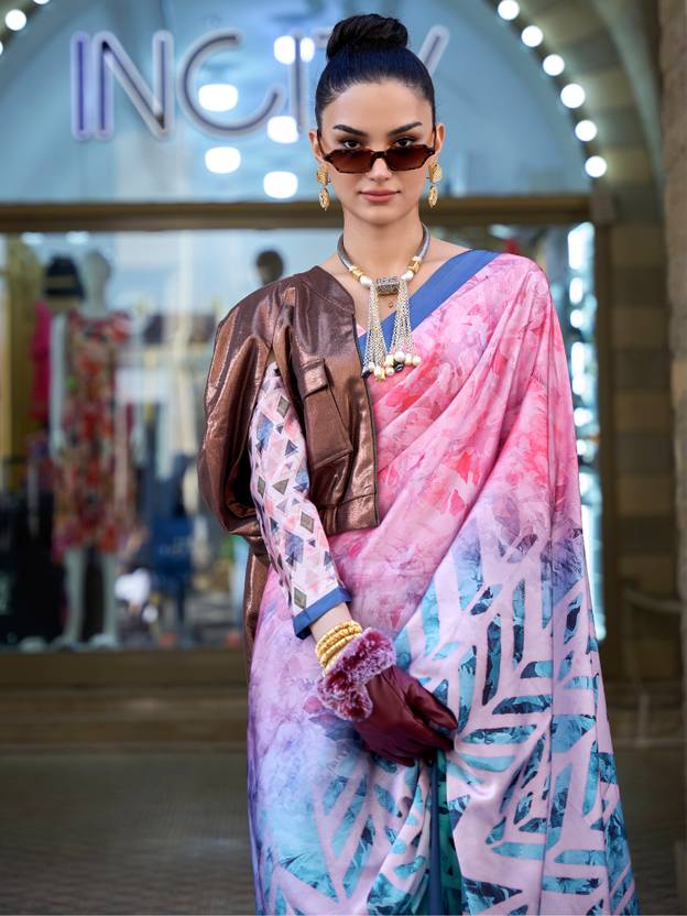 Pink & Sky Digital Print Saree in Satin Silk Blend – Party & Wedding Wear
