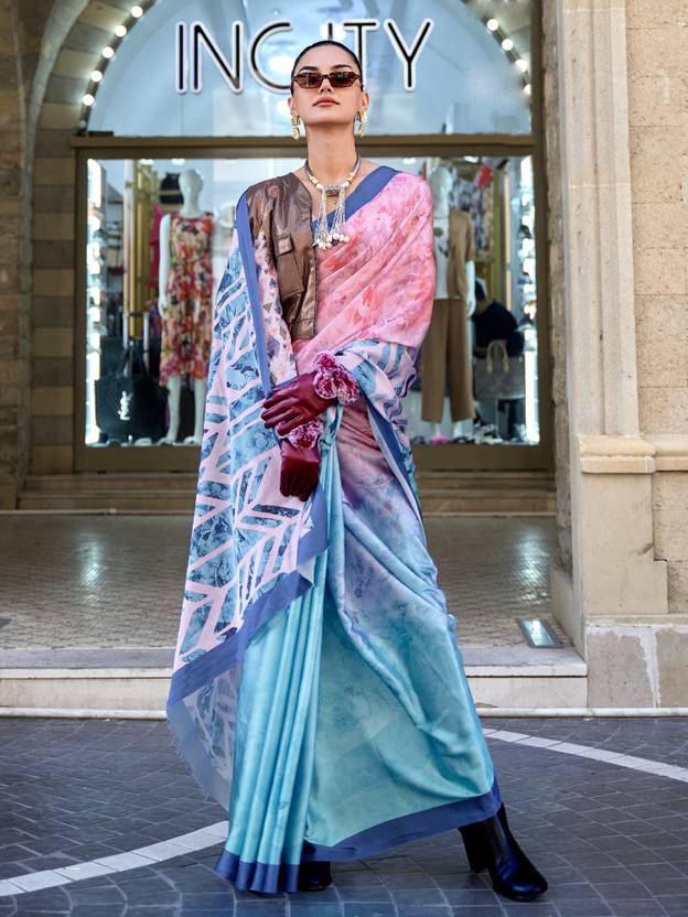 Pink & Sky Digital Print Saree in Satin Silk Blend – Party & Wedding Wear
