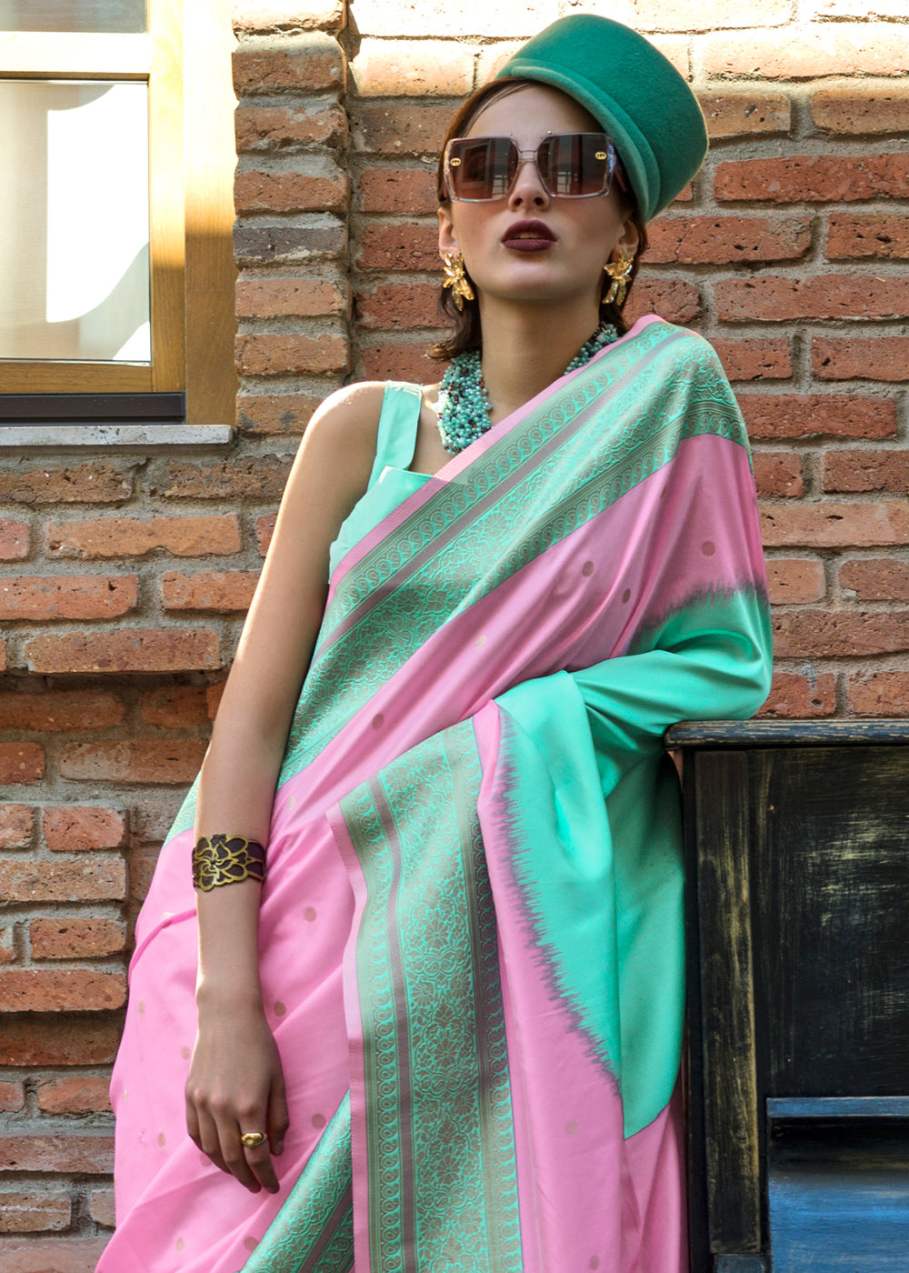 Pink & Sky Regal Banarasi Soft Silk Saree with Intricate Timeless Design & Blouse Piece