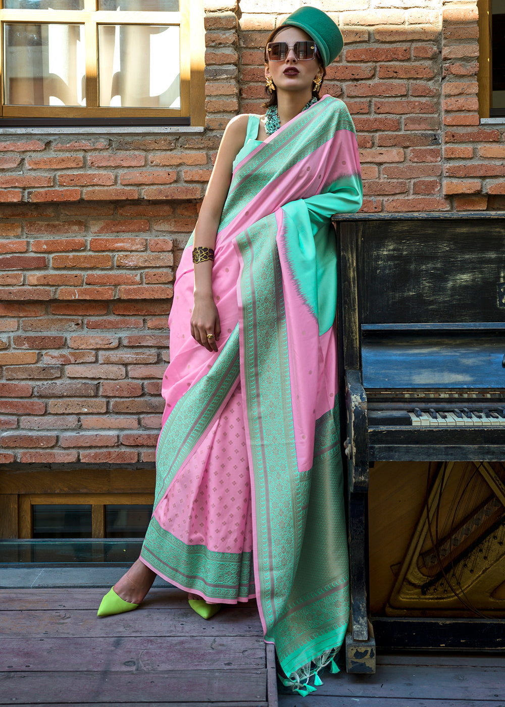 Pink & Sky Regal Banarasi Soft Silk Saree with Intricate Timeless Design & Blouse Piece