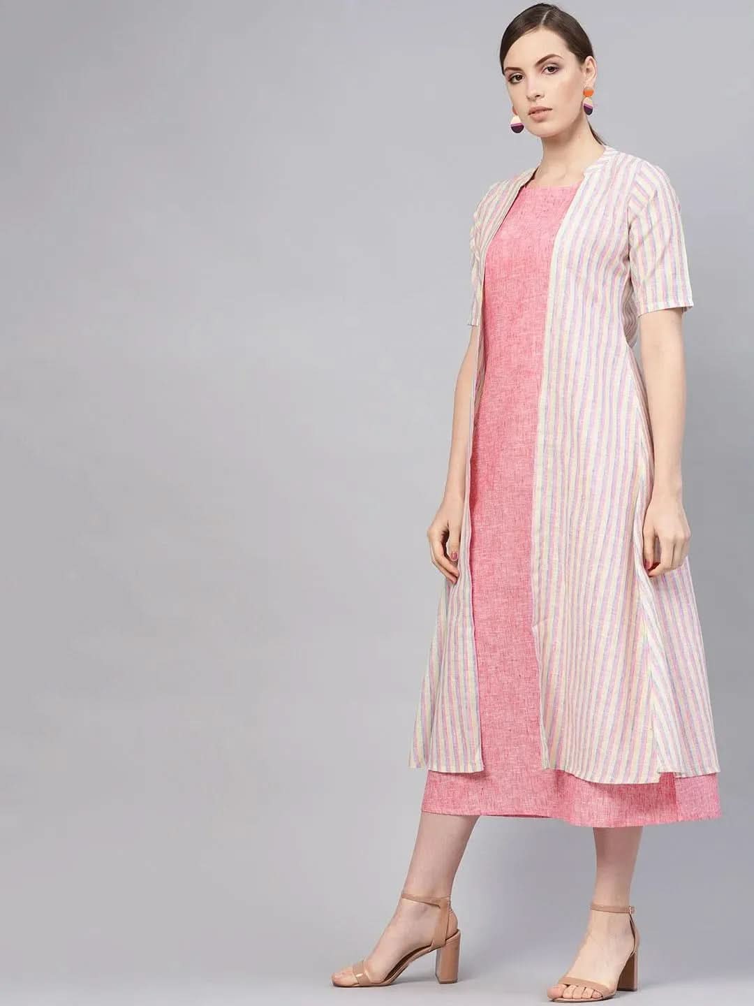 Anouk Pink Solid Cotton Dress With Jacket
